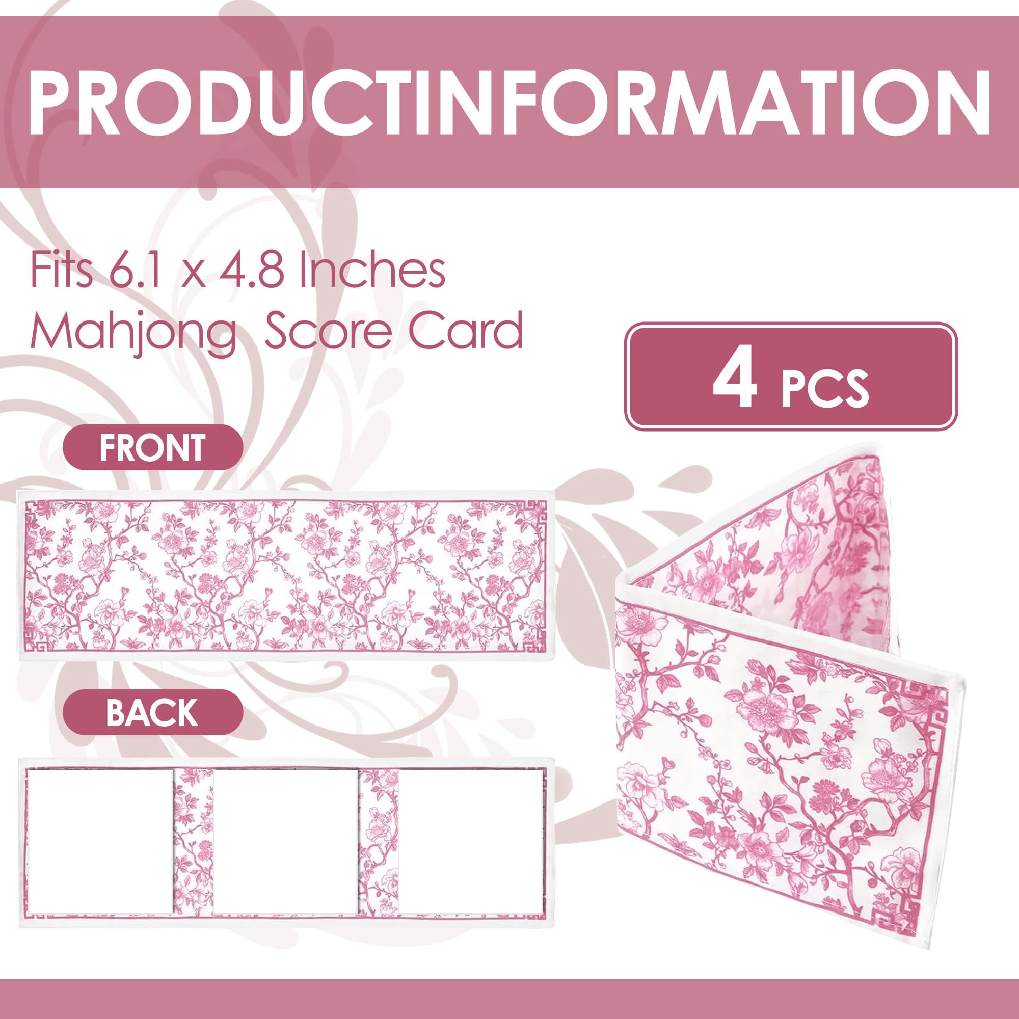 ReignSword 4 Pack Chinoiserie Mahjong Card Sleeve, Soft-printed Fabric Mahjong Card Holder, Scorecard Protector Holder Cover Gifts (Pink) - 1
