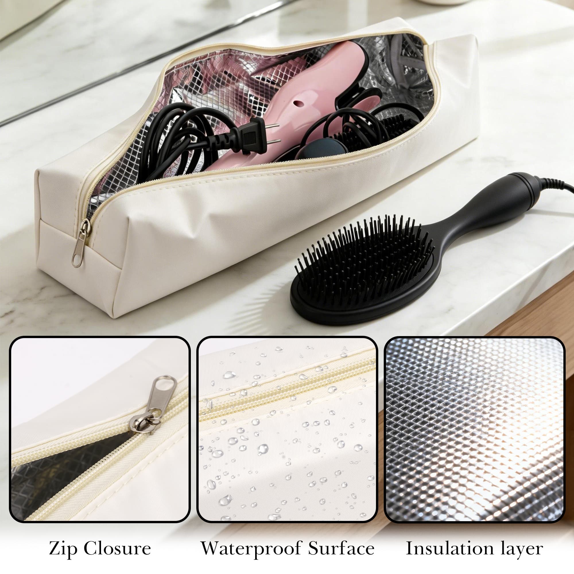 ReignSword Heat Resistant Hot Hair Tools Organizer Bag, Large Portable Travel Storage Case Pouch for Curling Irons, Flat Irons, Hair Straighteners, for Home Bathroom & Travel (Off White, 17.9") - 4