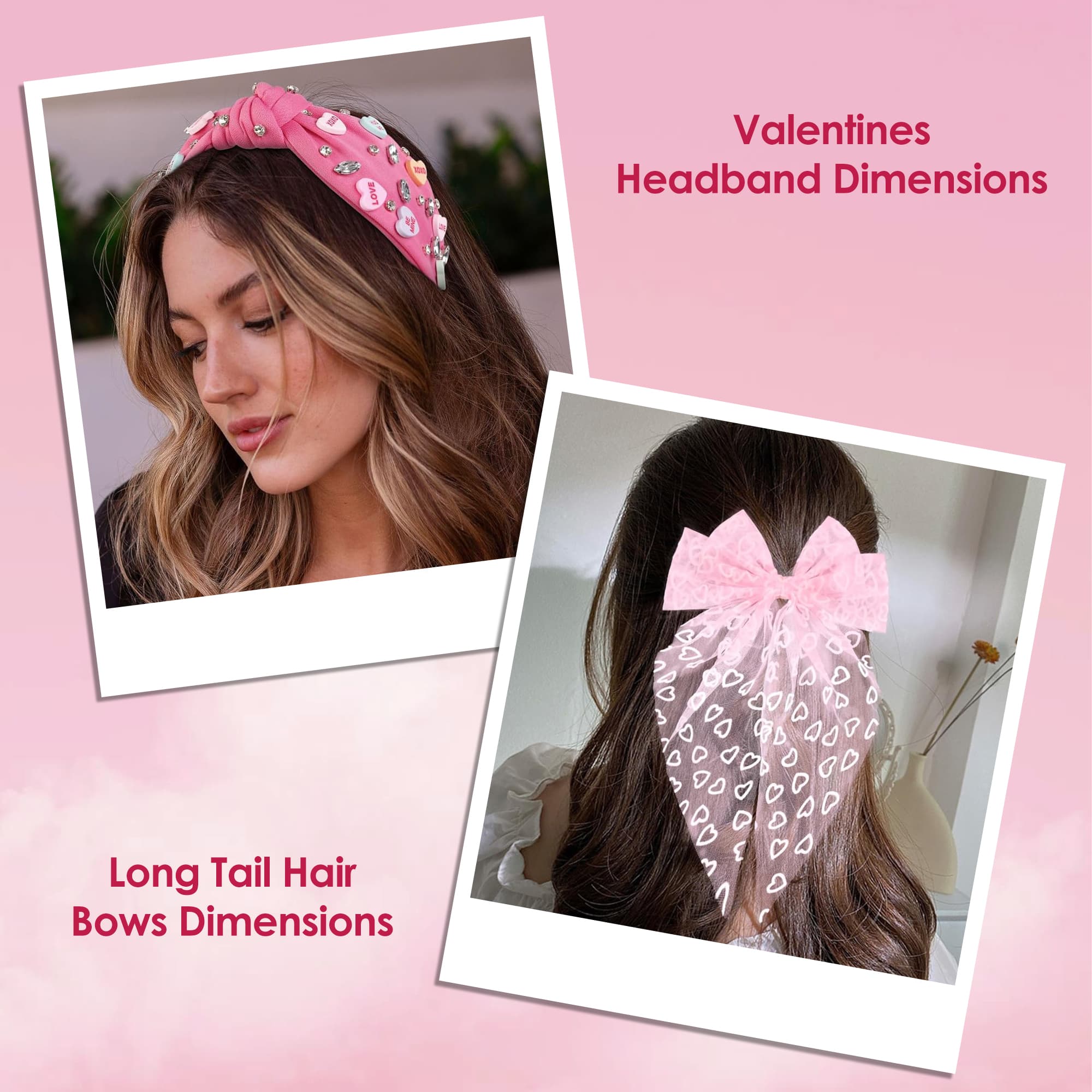 ReignSword Valentine's Day Hair Accessories Set for Women Girls, Crystal Knotted Headband with Long Tail Mesh Bow Hair Clip, Pink Fashion Party Wedding Birthday Gifts - 4