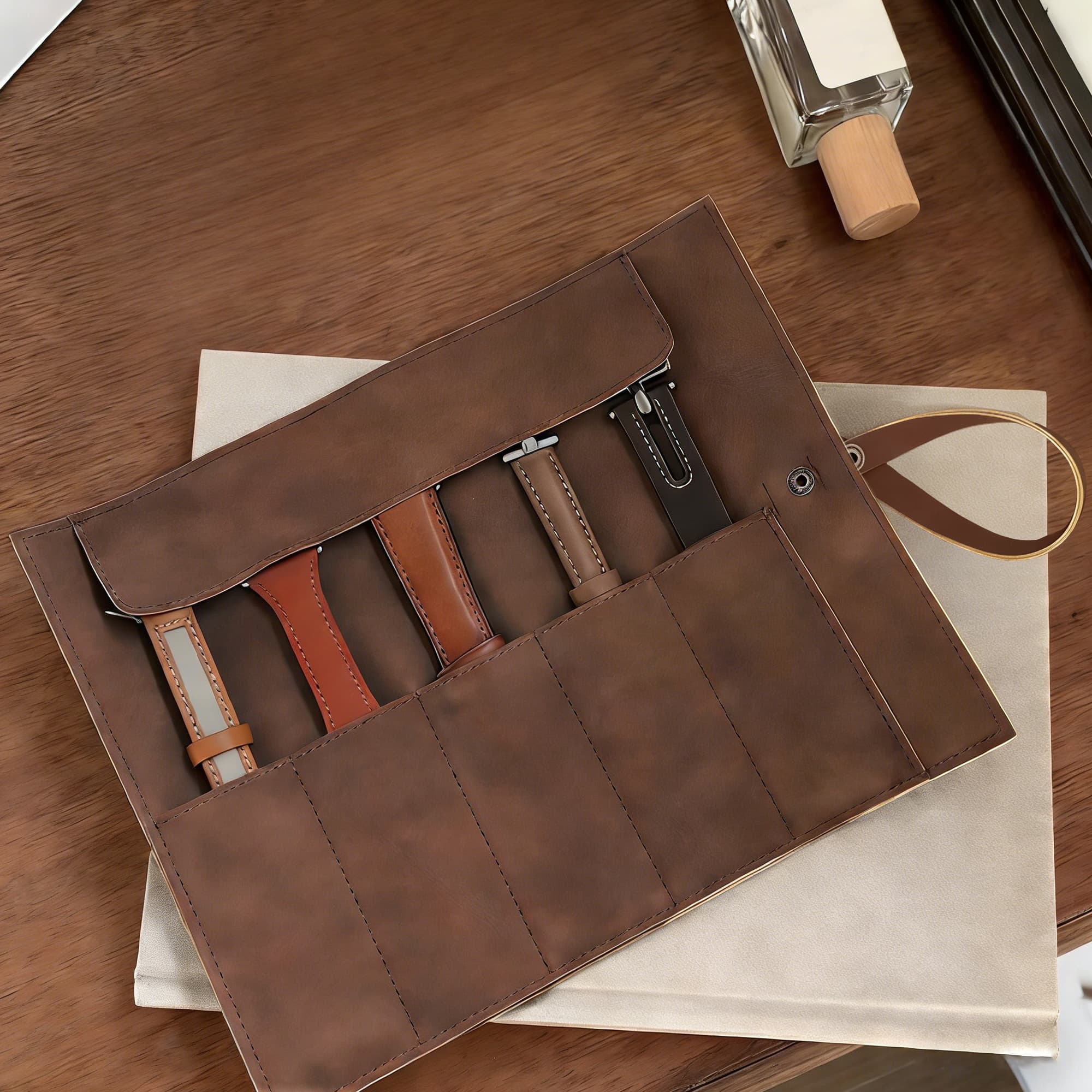 ReignSword Vegan Leather Watch Band Storage Case, Waterproof Watch Strap Roll Organizer with 5 Slots, Travel Accessories Pouch Compatible with Apple/Garmin/Samsung Watch Bands (Coffee) - 3