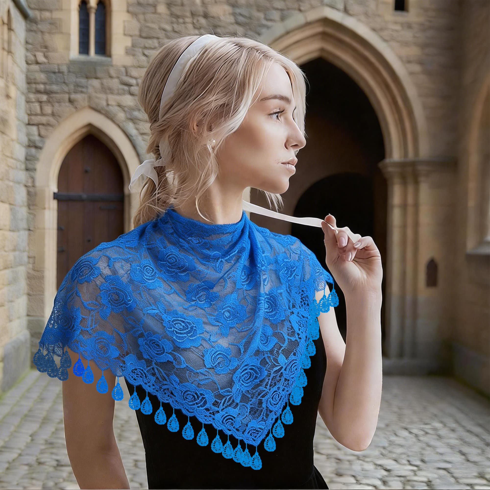 ReignSword 2 Pcs Triangle Lace Mantilla Veil Tulle Scarf, Lace Head Coverings for Women, Veils for Church Catholic (Red and Blue) - 5