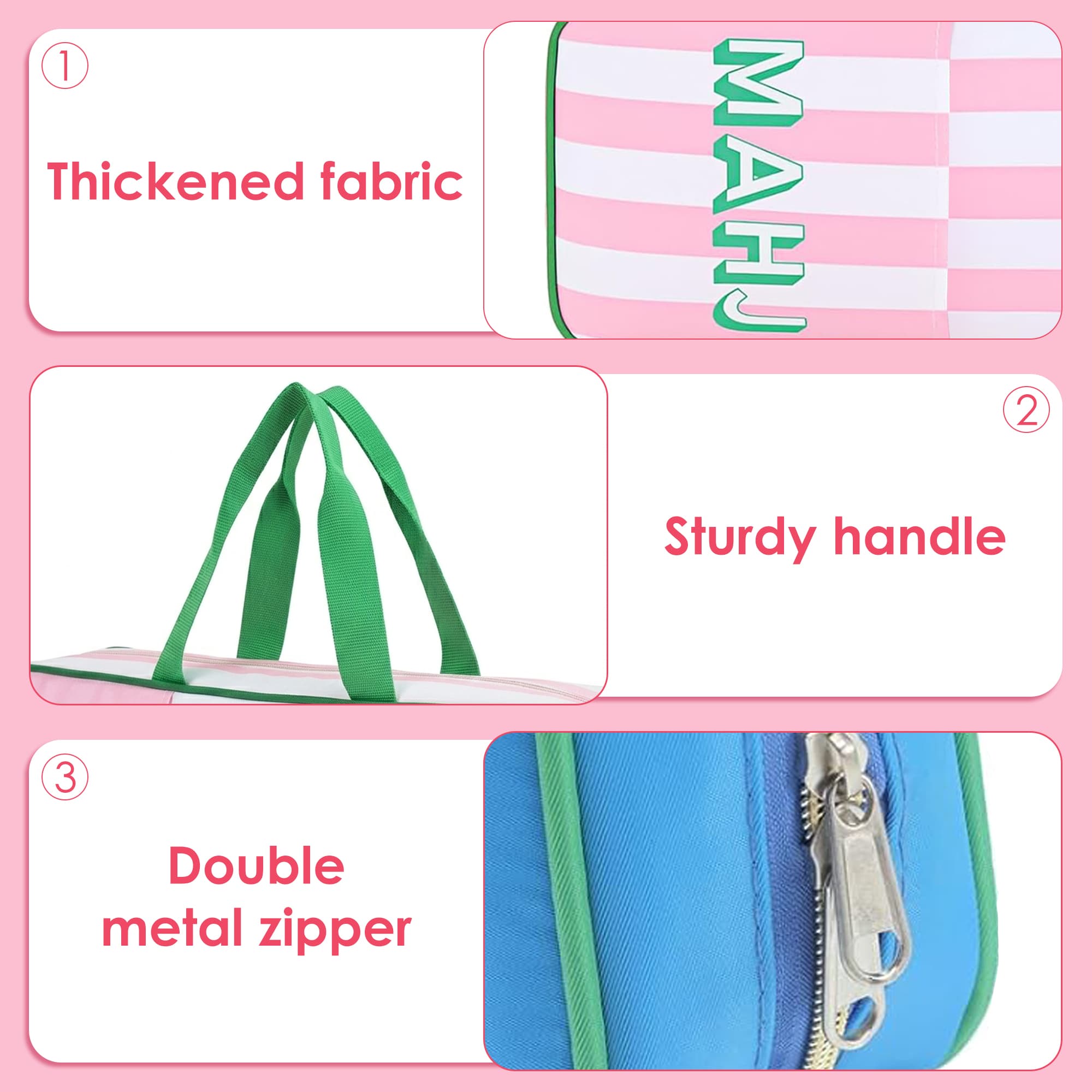 ReignSword Mahjong Rack Bags, Waterproof Carrying Tote Bag with Handle & Zipper for Tiles Pushers Racks, Mah Jong Games Accessories Gifts for Women (Pink Stripes, 21 x 6.5 Inch, Only Case) - 3