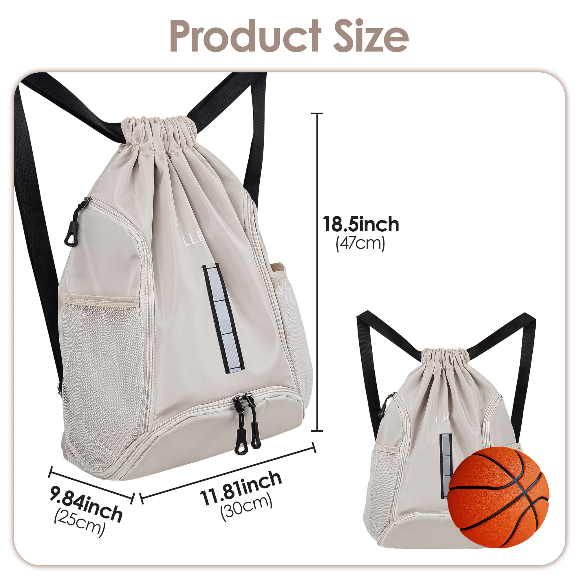 ReignSword Drawstring Gym Backpack with Shoe Compartment, Large Sports Cinch Bag Fits Basketball & Shoes, Waterproof Oxford Sack with Reflective Strip for Gym, Travel, Swimming (Off White) - 3