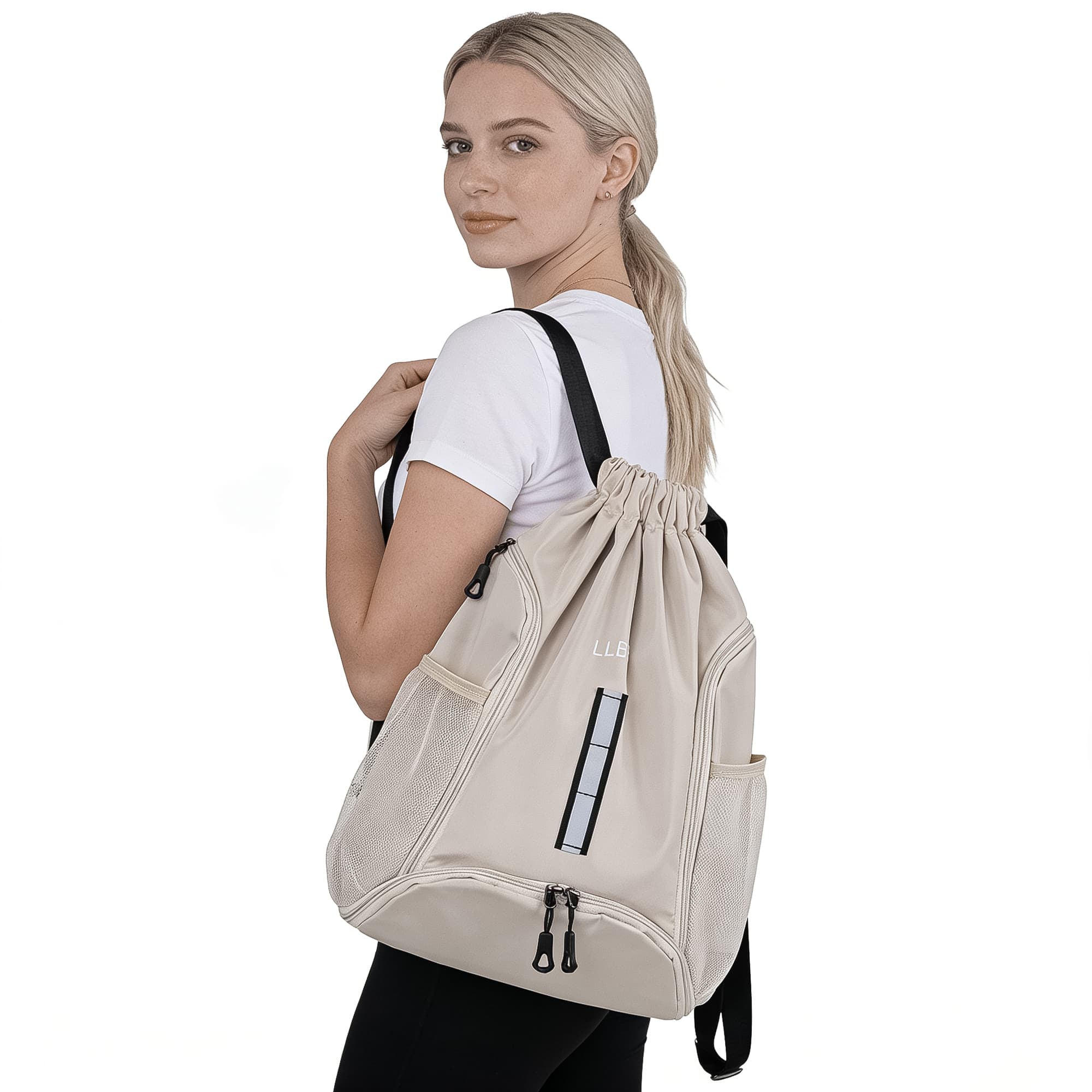 ReignSword Drawstring Gym Backpack with Shoe Compartment, Large Sports Cinch Bag Fits Basketball & Shoes, Waterproof Oxford Sack with Reflective Strip for Gym, Travel, Swimming (Off White) - 6