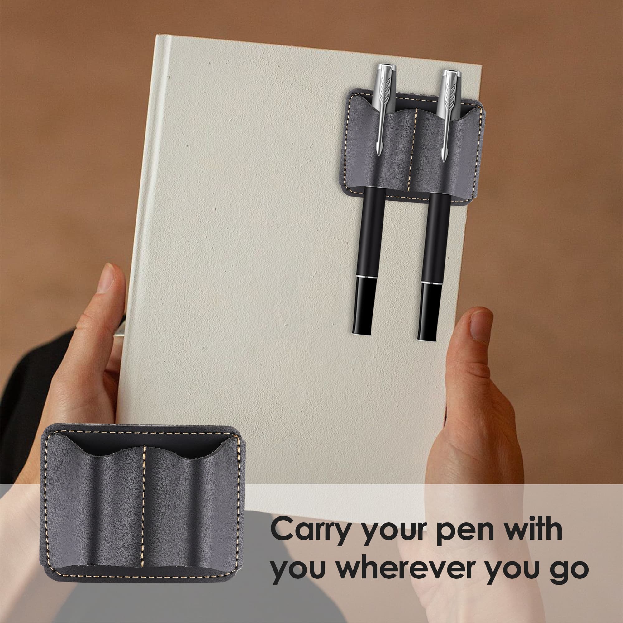 ReignSword Vegan Leather Pen keychain Holder, Double Pen Holder Clip for Notebook, Portable Pen Lanyard for Signature, Ballpoint, Marker Pens - 3