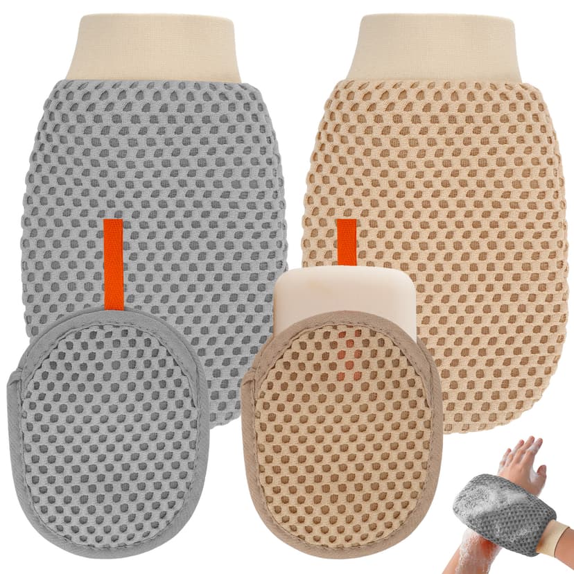 ReignSword 4 Pcs 3D Textured Mesh Soap Bag & Exfoliating Bath Glove Set, Soft Body Scrubber Clean Mitts for Women Men, Shower Bathing Accessories (Grey+Khaki)