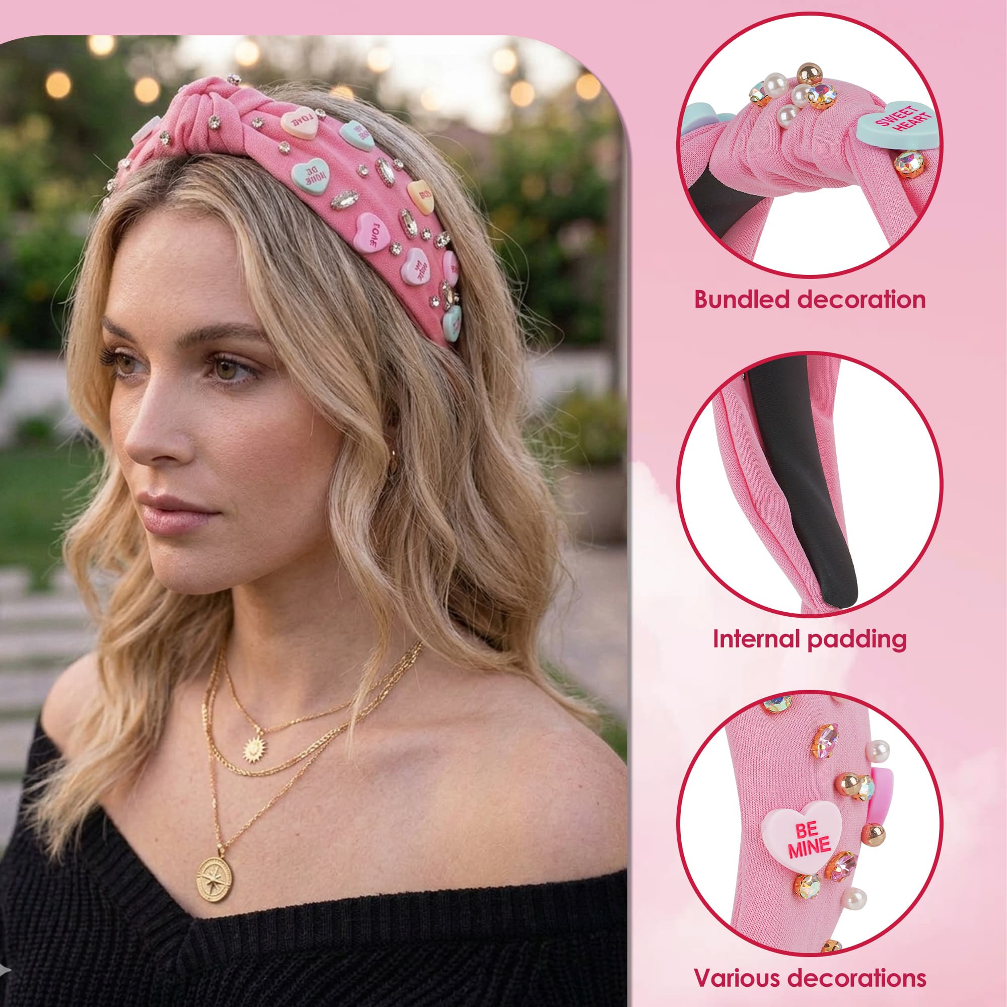 ReignSword Valentine's Day Hair Accessories Set for Women Girls, Crystal Knotted Headband with Long Tail Mesh Bow Hair Clip, Pink Fashion Party Wedding Birthday Gifts - 5