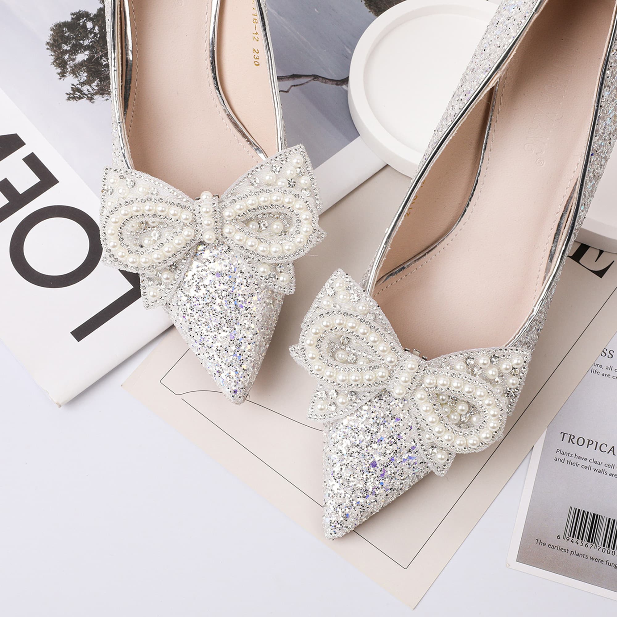 ReignSword 4 Pcs Rhinestone Shoe Clips, Detachable Pearl Bow Shoes Charms, Elegant Crystal Buckles for Women Dress Shoes, Shoe Decorative Accessories for Wedding Prom Party (Silver) - 5
