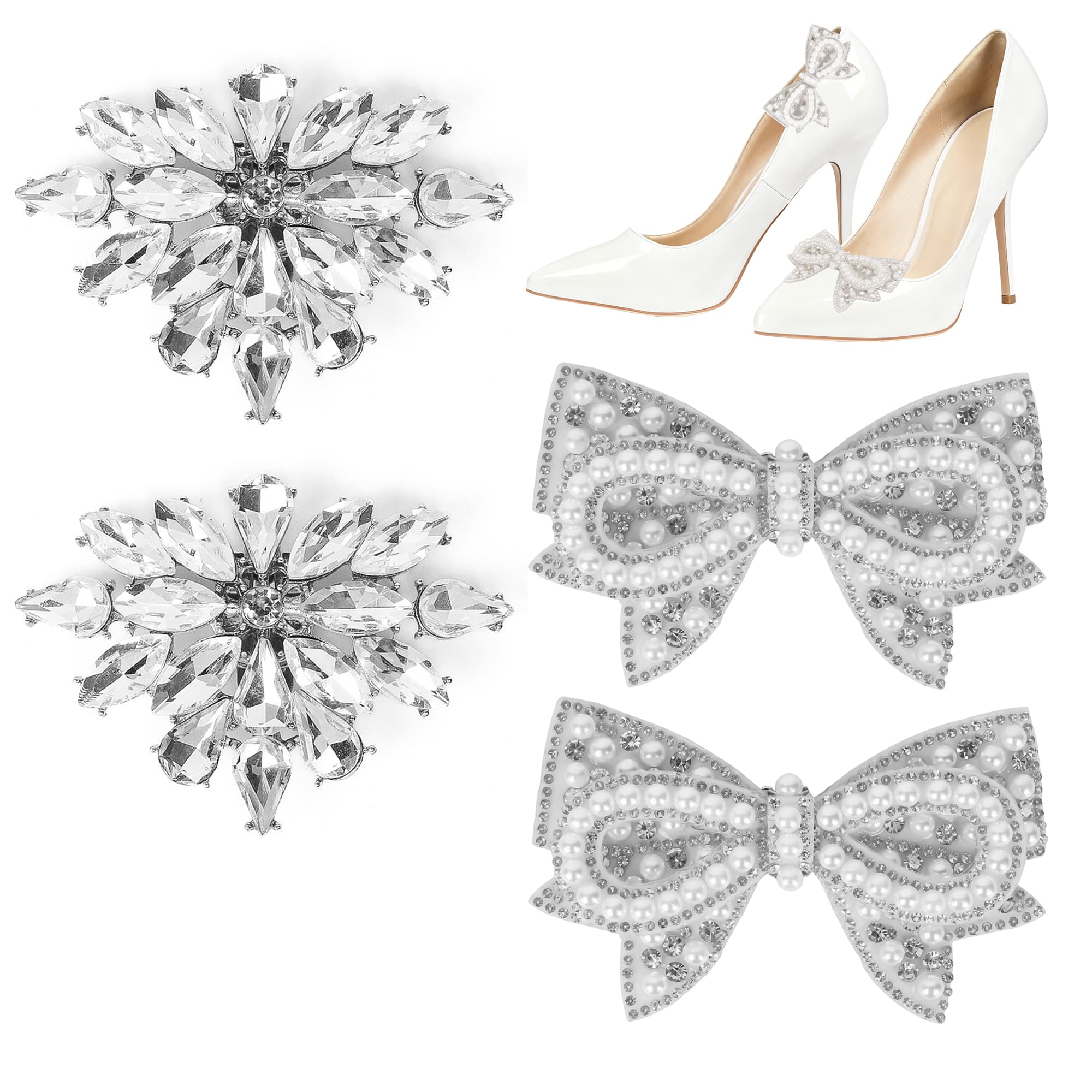 ReignSword 4 Pcs Rhinestone Shoe Clips, Detachable Pearl Bow Shoes Charms, Elegant Crystal Buckles for Women Dress Shoes, Shoe Decorative Accessories for Wedding Prom Party (Silver) - 1