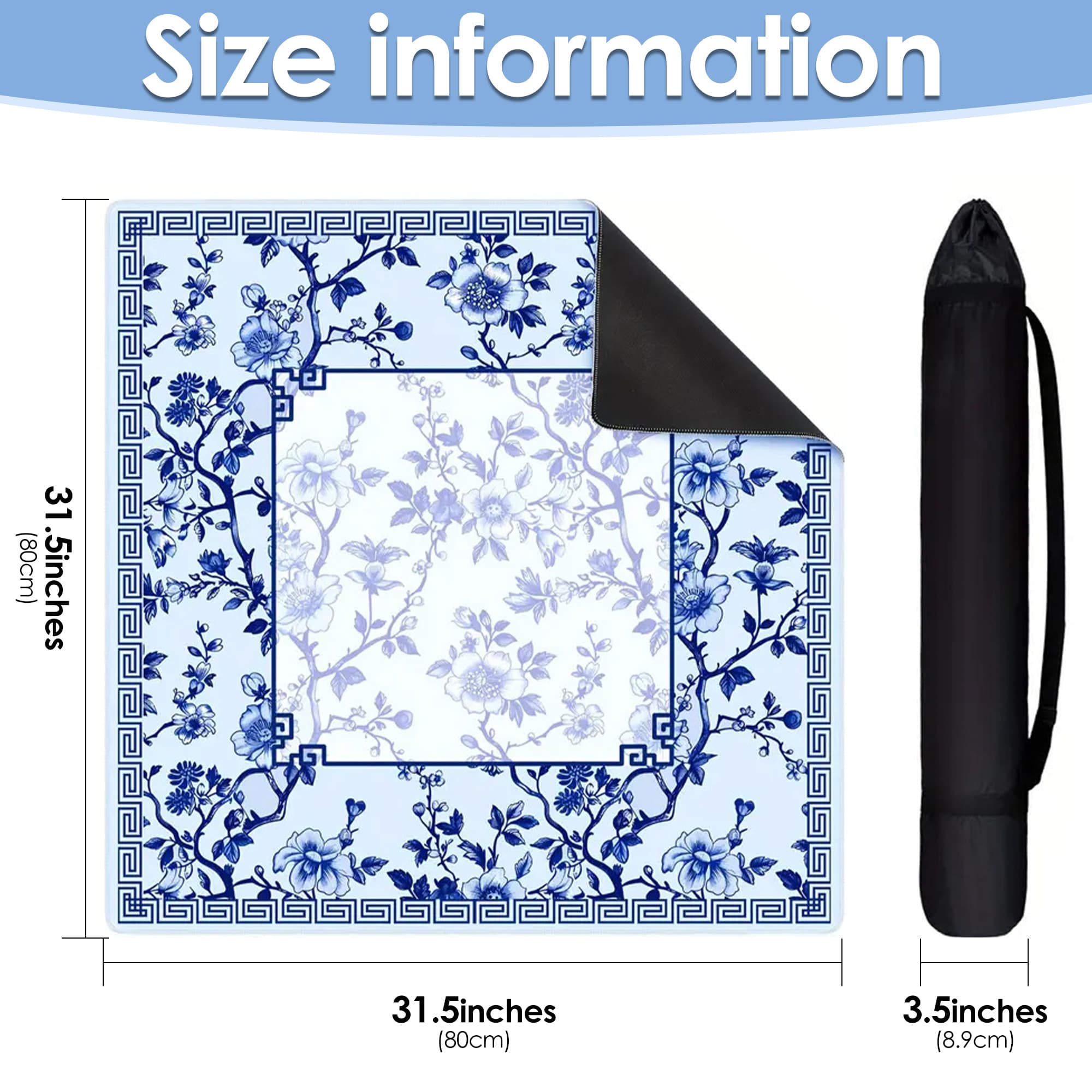 ReignSword Chinoiserie Flower Mahjong Mat with Carrying Bag, Anti-Slip and Noise-Reducing Mat for Table, Functional Gifts for Card Games, and Board Tile Games ( 31.5" x 31.5", Blue) - 4