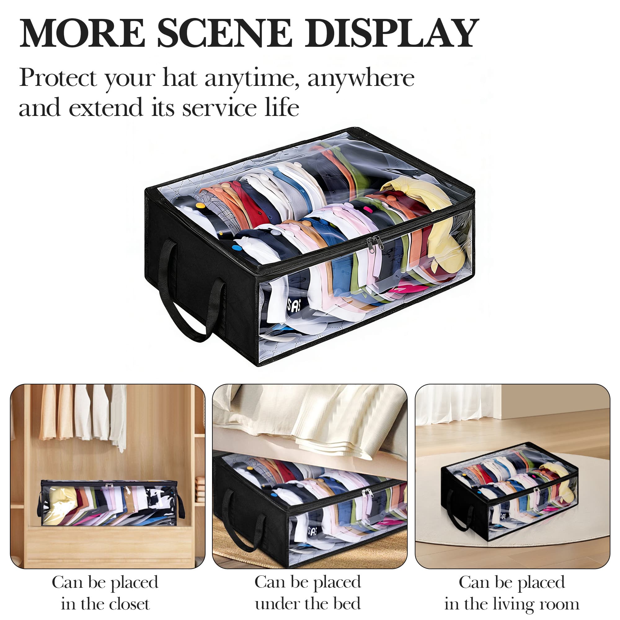 ReignSword Hat Organizer for Baseball Caps, Non-Woven Wide Hat Storage Box with Handle, Large Hat Racks Holder for Bedroom Closet (Black) - 2
