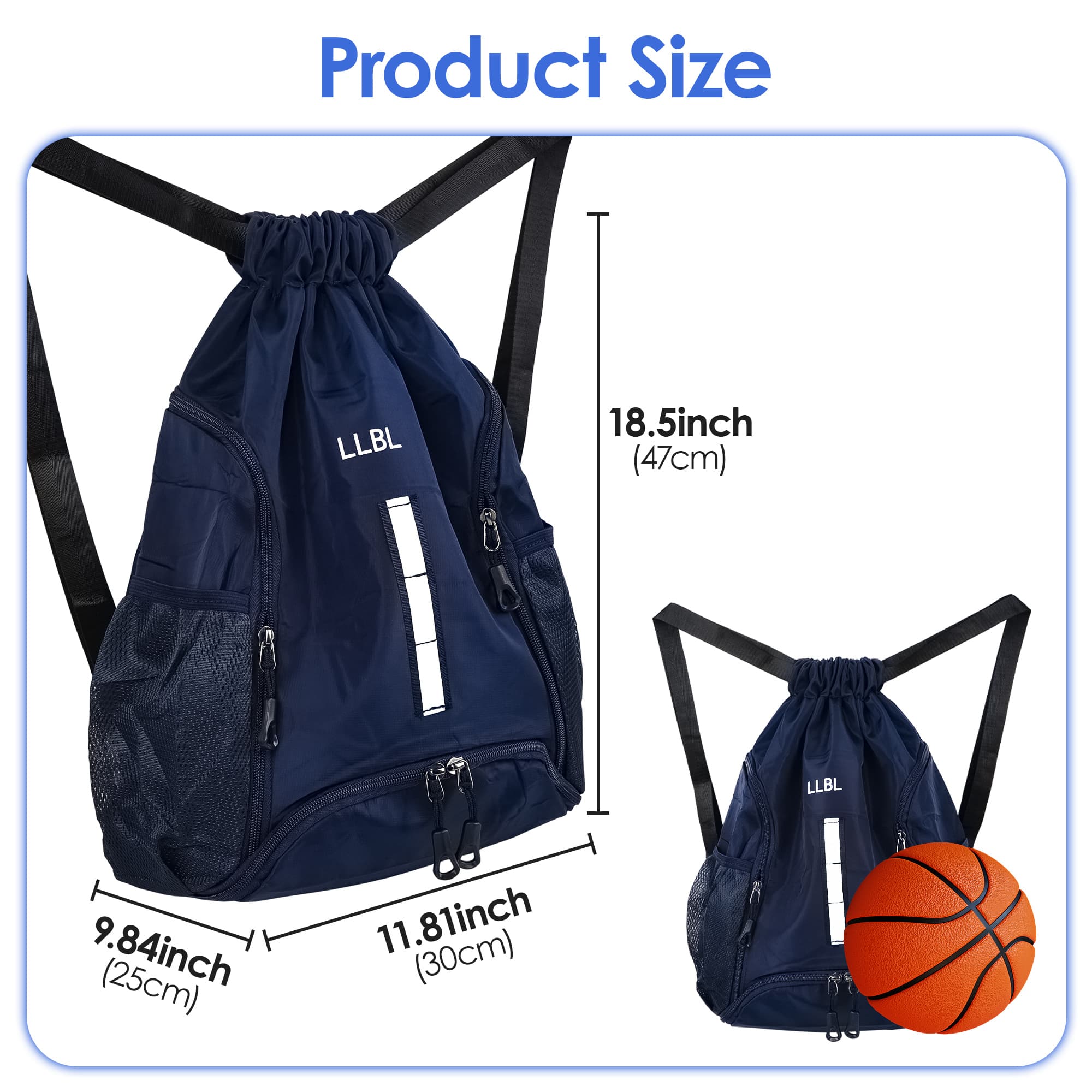 ReignSword Drawstring Gym Backpack with Shoe Compartment, Large Sports Cinch Bag Fits Basketball & Shoes, Waterproof Oxford Sack with Reflective Strip for Gym, Travel, Swimming (Dark Blue) - 3