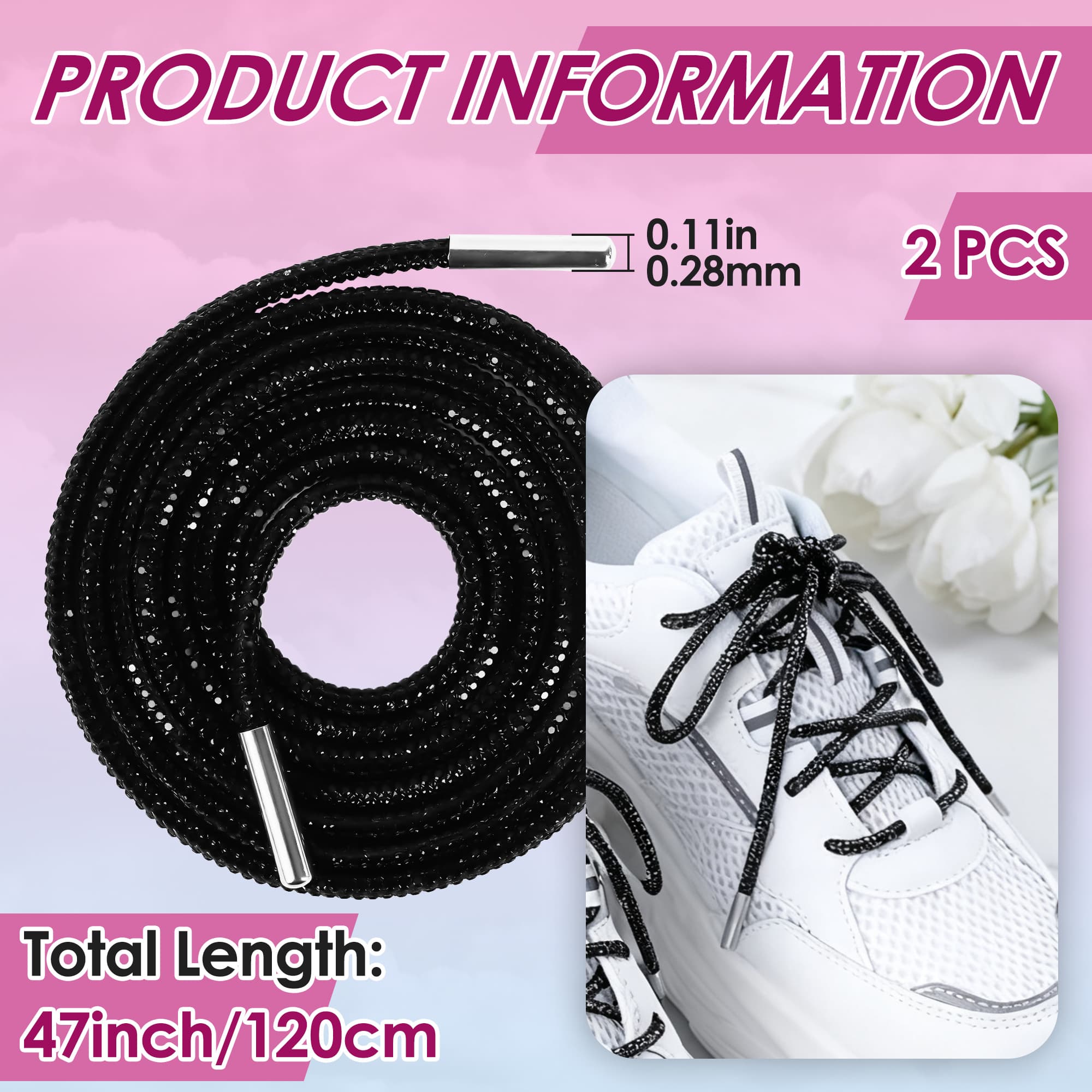 ReignSword 4Pcs Rhinestone Shoe Laces, 47in Round Crystal Glitter Rope, Bling Replacement ShoeLaces for Sneakers/Boots/Sweatpants (White, Black) - 1