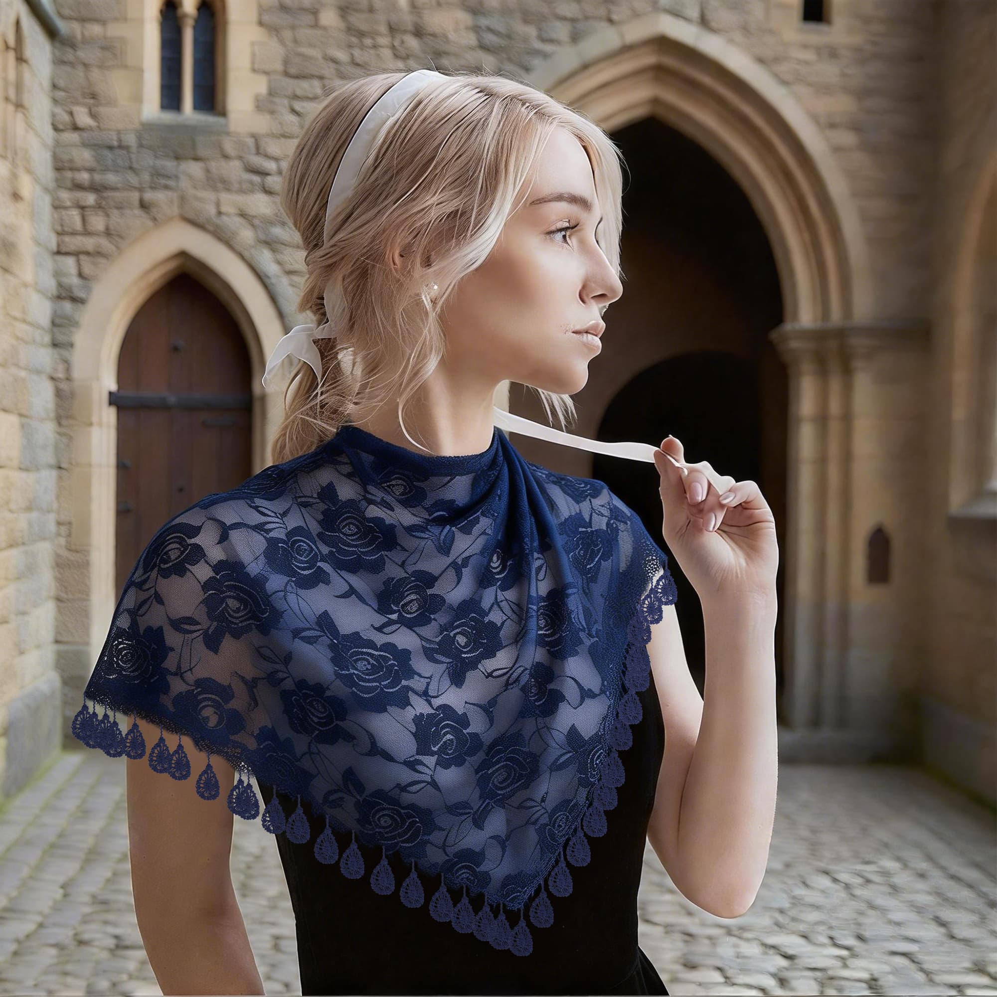 ReignSword 2 Pcs Triangle Lace Mantilla Veil Tulle Scarf, Lace Head Coverings for Women, Veils For Church Catholic (Khaki and Tibetan Blue) - 5