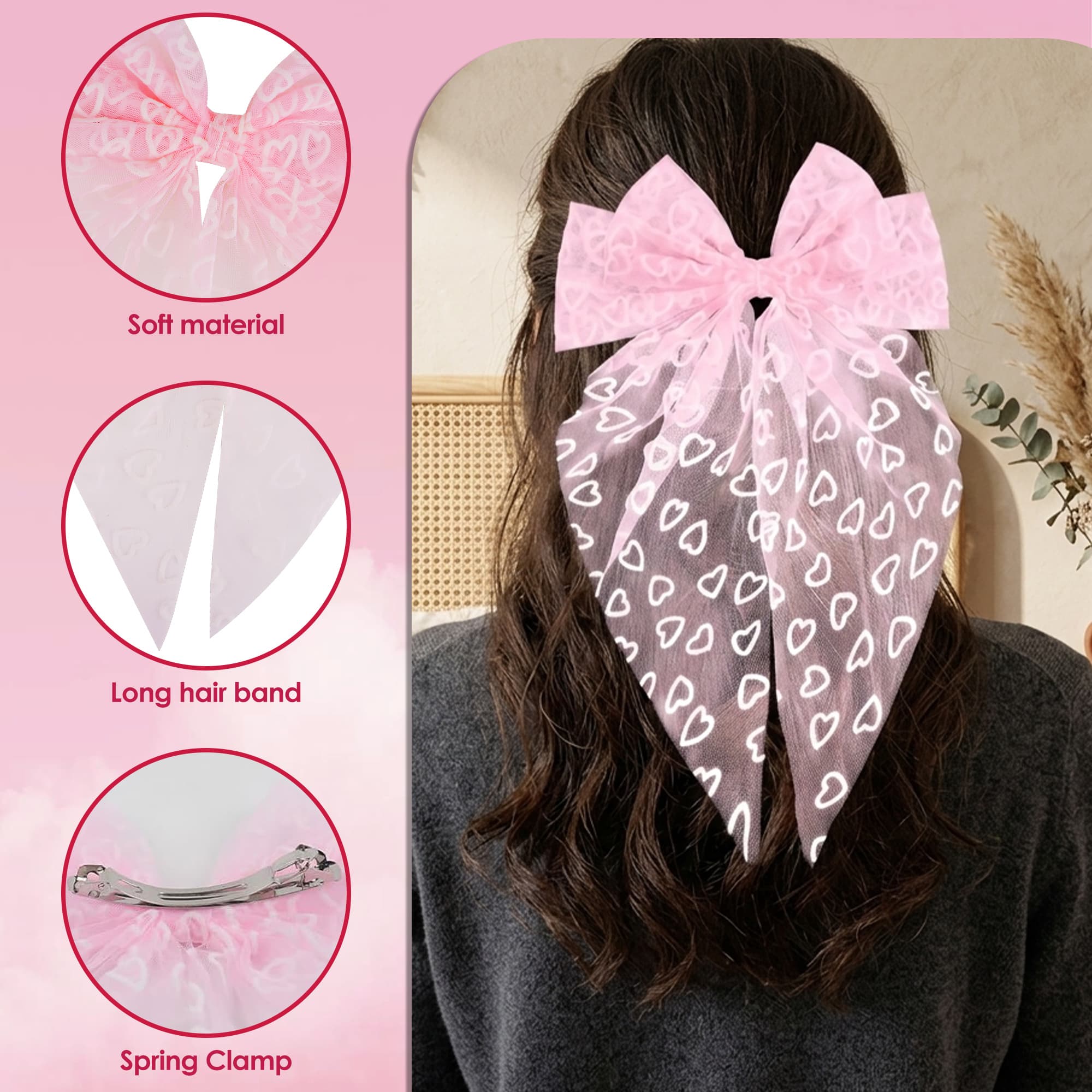 ReignSword Valentine's Day Hair Accessories Set for Women Girls, Crystal Knotted Headband with Long Tail Mesh Bow Hair Clip, Pink Fashion Party Wedding Birthday Gifts - 6