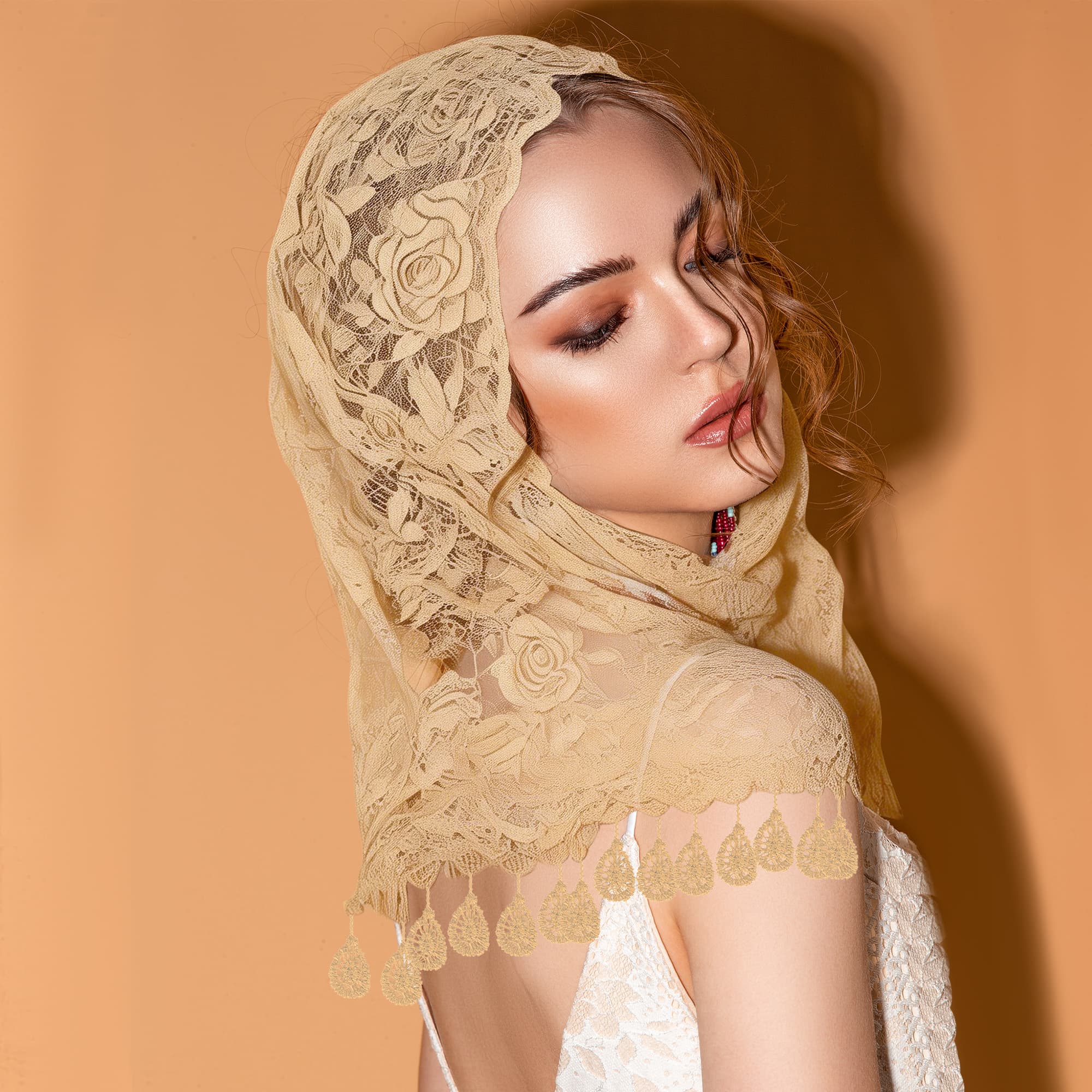 ReignSword 2 Pcs Triangle Lace Mantilla Veil Tulle Scarf, Lace Head Coverings for Women, Veils For Church Catholic (Khaki and Tibetan Blue) - 3