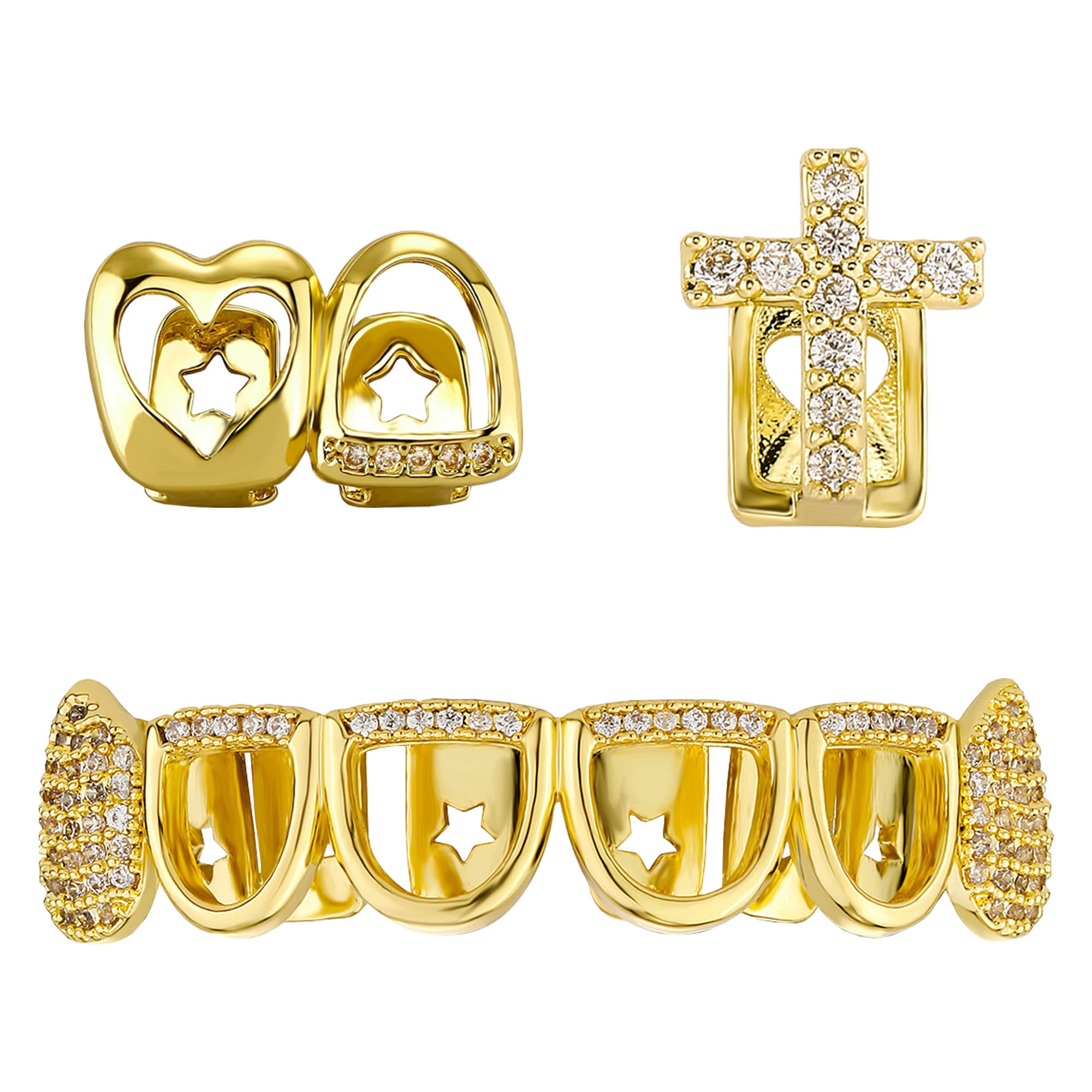 ReignSword 3 Pcs Gold Teeth Grillz Set for Women Men, Heart Cross Star Hollow CZ Grill Caps, Hip Hop Fashion Jewelry for Halloween, Parties & Daily Wear - 2