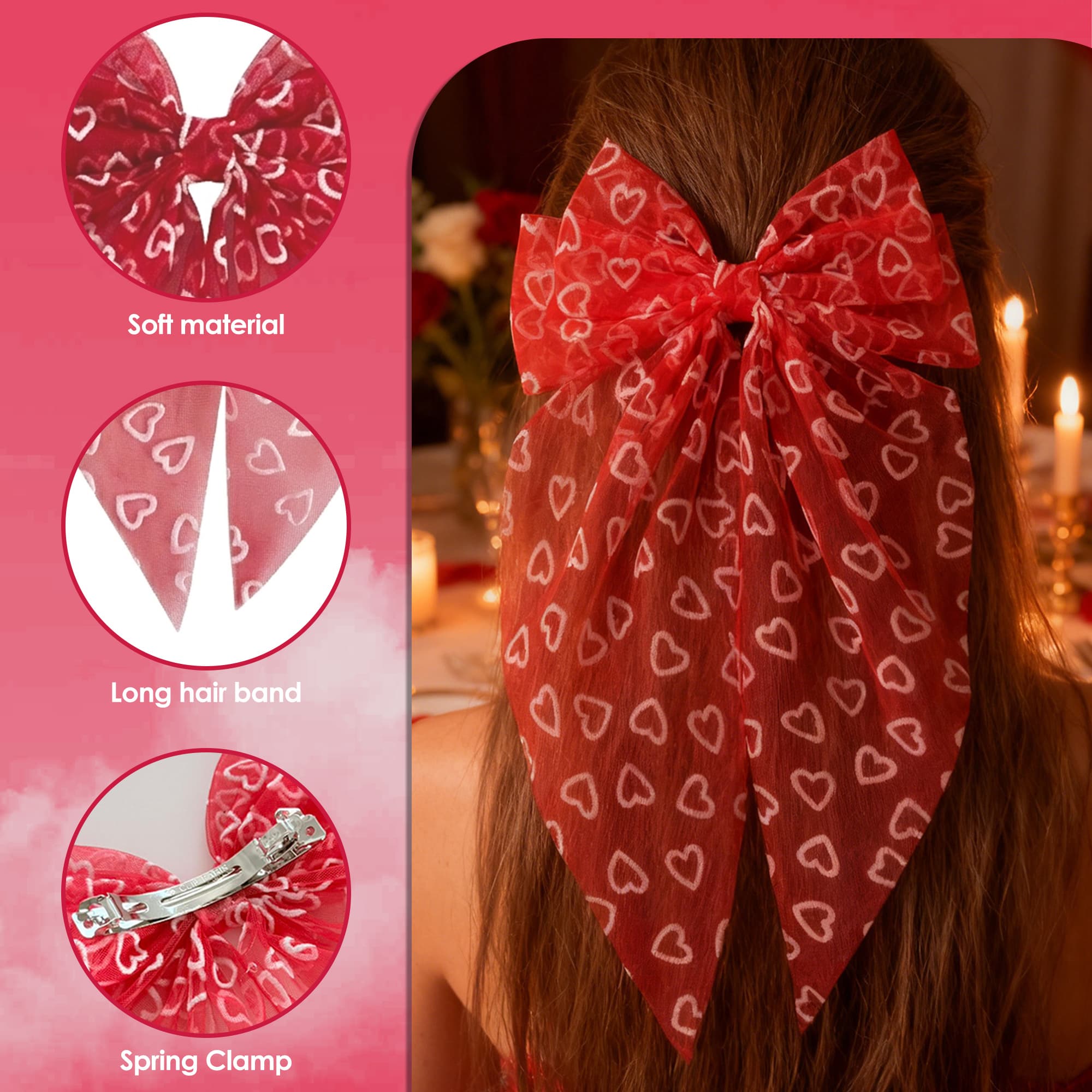 ReignSword Valentine's Day Hair Accessories Set for Women Girls, Crystal Knotted Headband with Long Tail Mesh Bow Hair Clip, Red Fashion Party Wedding Birthday Gifts - 4
