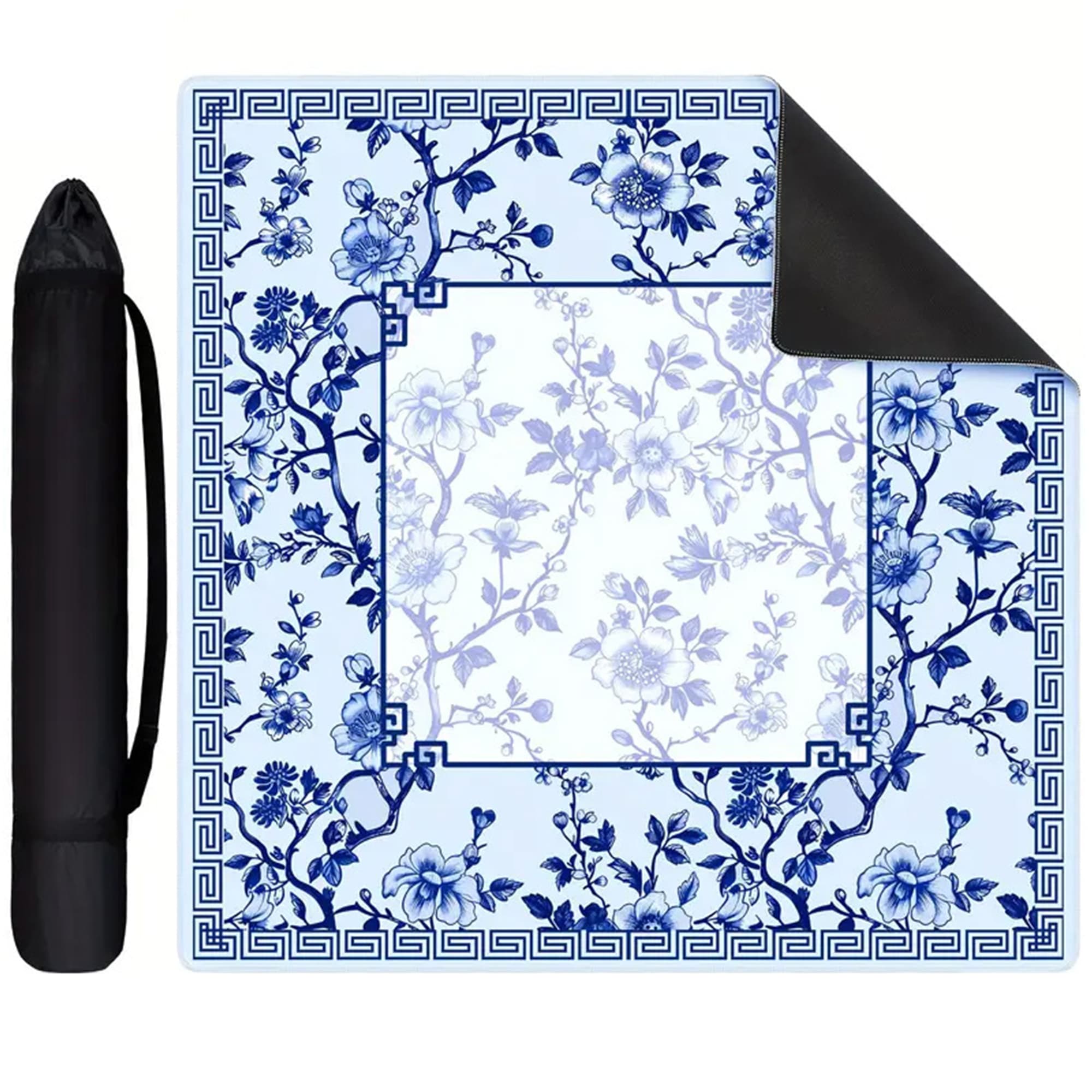 ReignSword Chinoiserie Flower Mahjong Mat with Carrying Bag, Anti-Slip and Noise-Reducing Mat for Table, Functional Gifts for Card Games, and Board Tile Games ( 31.5" x 31.5", Blue) - 2