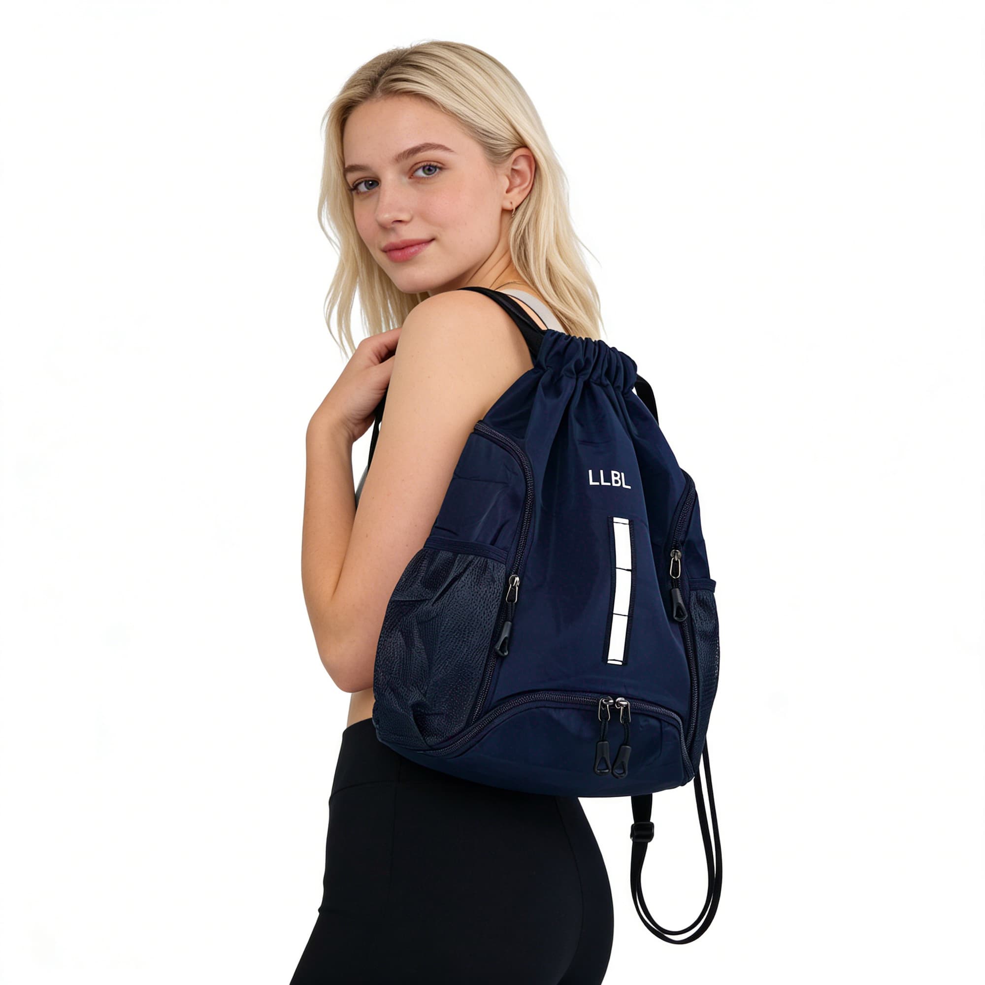 ReignSword Drawstring Gym Backpack with Shoe Compartment, Large Sports Cinch Bag Fits Basketball & Shoes, Waterproof Oxford Sack with Reflective Strip for Gym, Travel, Swimming (Dark Blue) - 6