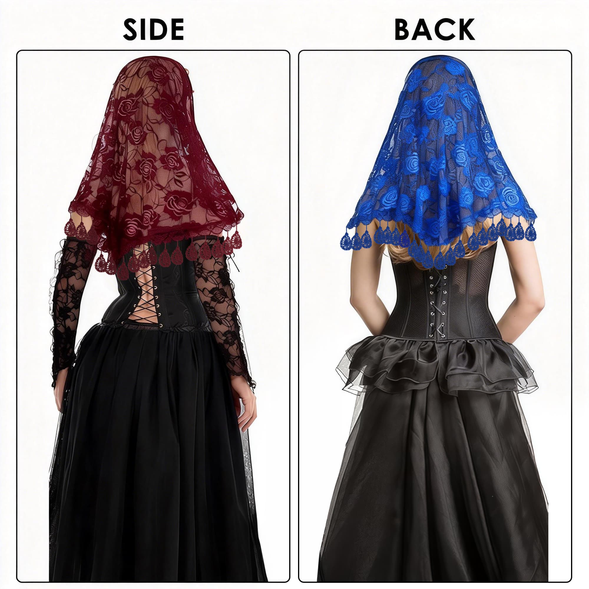 ReignSword 2 Pcs Triangle Lace Mantilla Veil Tulle Scarf, Lace Head Coverings for Women, Veils for Church Catholic (Red and Blue) - 2