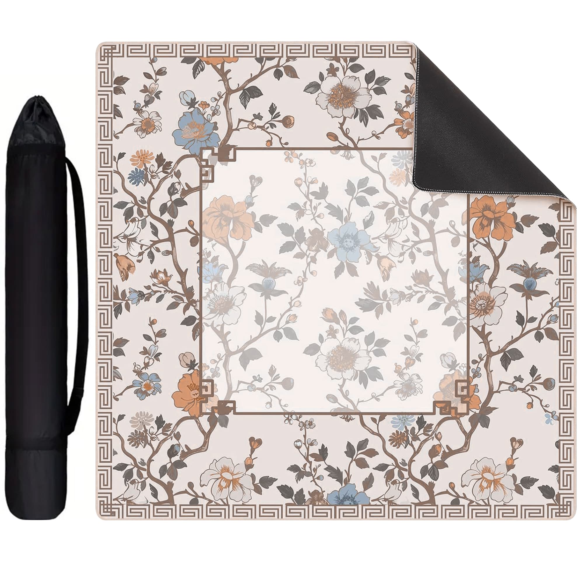 ReignSword Chinoiserie Flower Mahjong Mat with Carrying Bag, Anti-Slip and Noise-Reducing Mat for Table, Functional Gifts for Card Games, and Board Tile Games ( 31.5" x 31.5", Beige) - 2