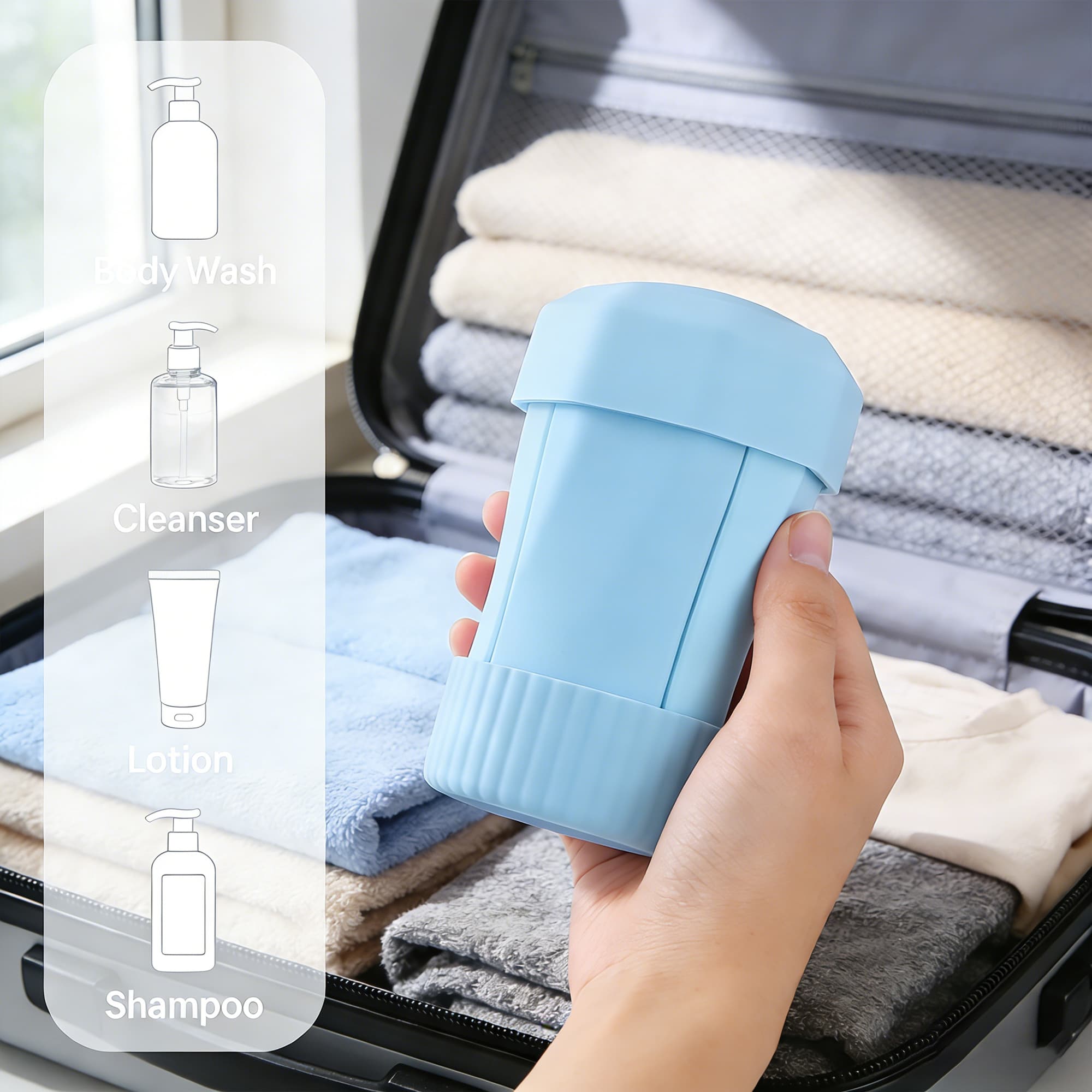 ReignSword 4 in 1 Silicone Travel Bottles, 50ml Refillable Squeeze Containers for Toiletries, Leak-Proof Travel Dispenser for Shampoo, Conditioner, Lotion & Body Wash (Blue) - 4