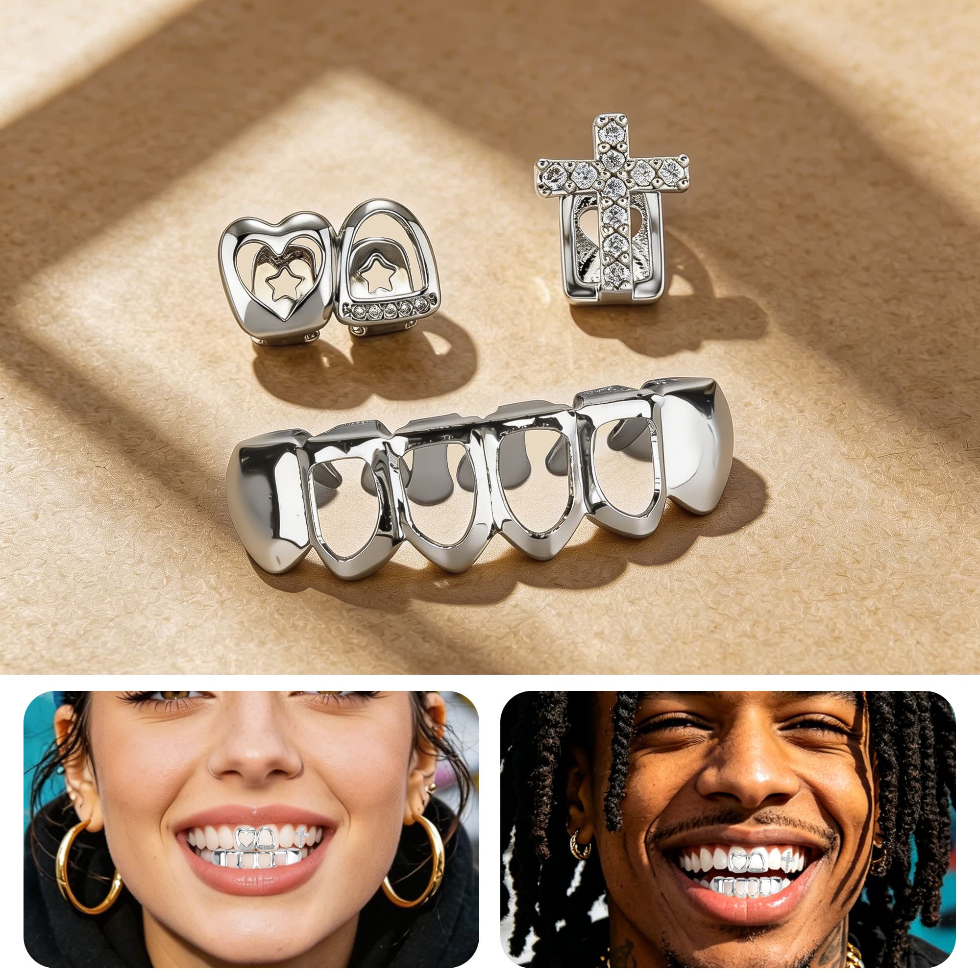 ReignSword 3 Pcs Silver Teeth Grillz Set for Women Men, Heart Cross Star & Plain Hollow CZ Grill Caps, Adjustable Custom Fit, Hip Hop Jewelry for Parties, Halloween & Daily Wear - 3