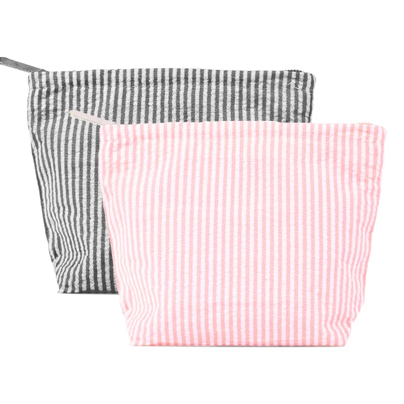 ReignSword 2 Pack Travel Cosmetic Bag, Fashion Stripes Makeup Bag Organizer, Portable Toiletry Bag Zipper Pouch for Women (Black & Pink)