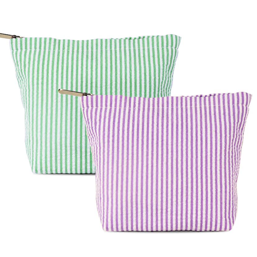 ReignSword 2 Pack Travel Cosmetic Bag, Fashion Stripes Makeup Bag Organizer, Portable Toiletry Bag Zipper Pouch for Women (Green & Purple)