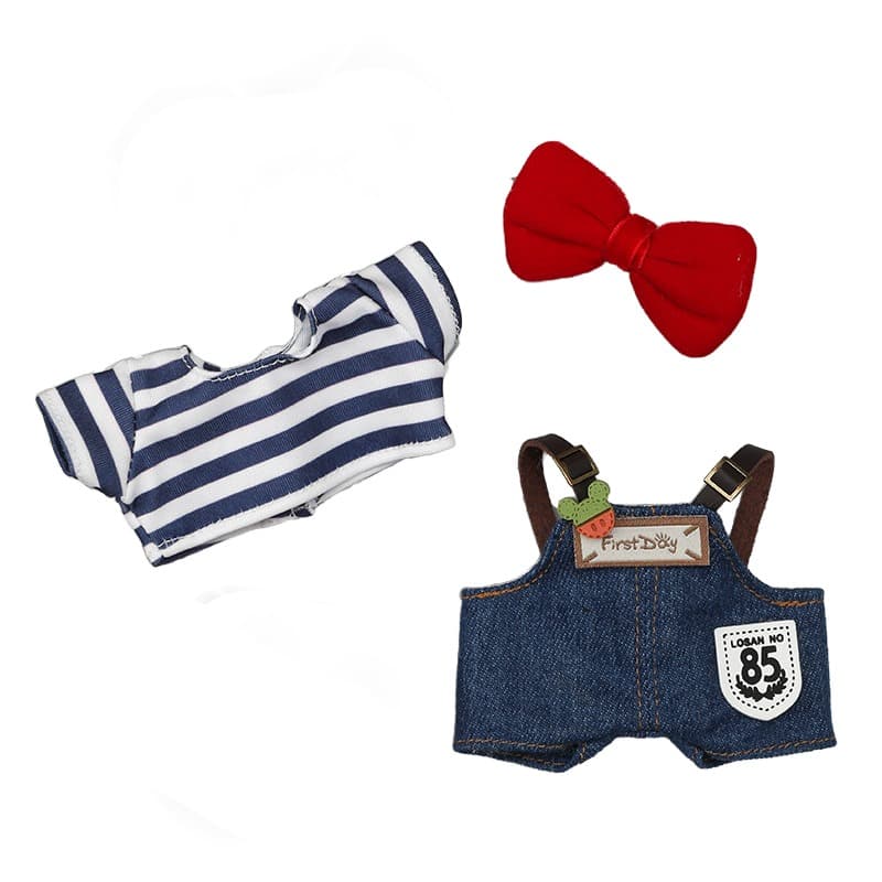 ReignSword 17cm Doll Clothes, 3 Pcs Set with Denim Overall, Striped T-Shirt, and Red Bow, Dress-Up-Replaceable Clothing, Cute Dolls Clothes Accessories for Play & Collector Display (NO Doll)
