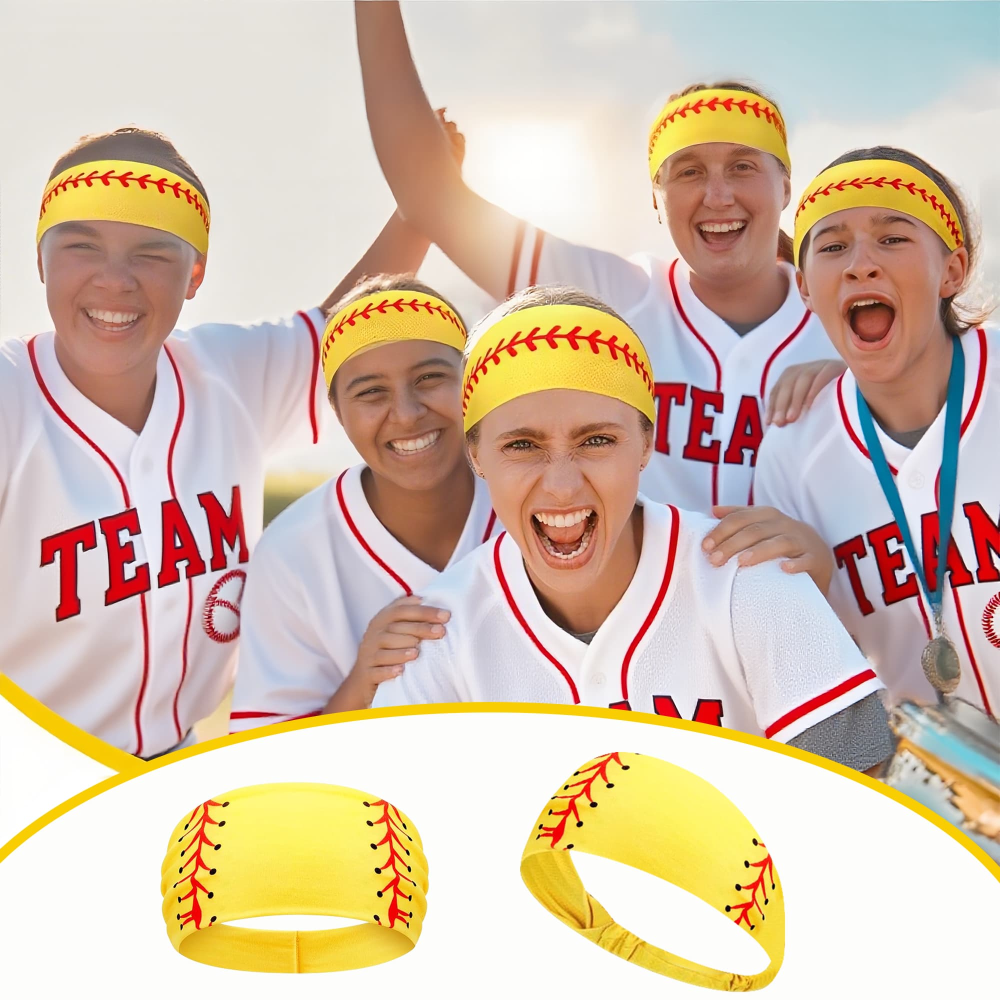 ReignSword 12 Pack Softball Headband for Men & Women, Non-Slip Sweat Bands for Sports, Elastic Cooling Workout Headbands for Softball Team Gifts (Yellow) - 3