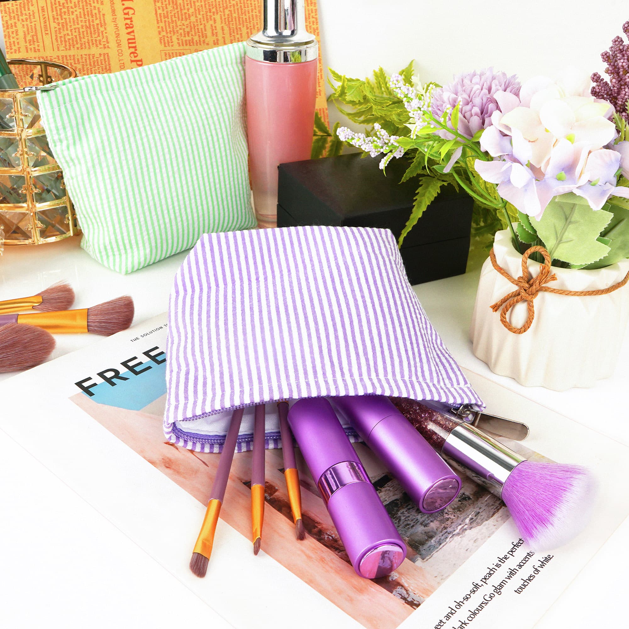 ReignSword 2 Pack Travel Cosmetic Bag, Fashion Stripes Makeup Bag Organizer, Portable Toiletry Bag Zipper Pouch for Women (Green & Purple) - 4