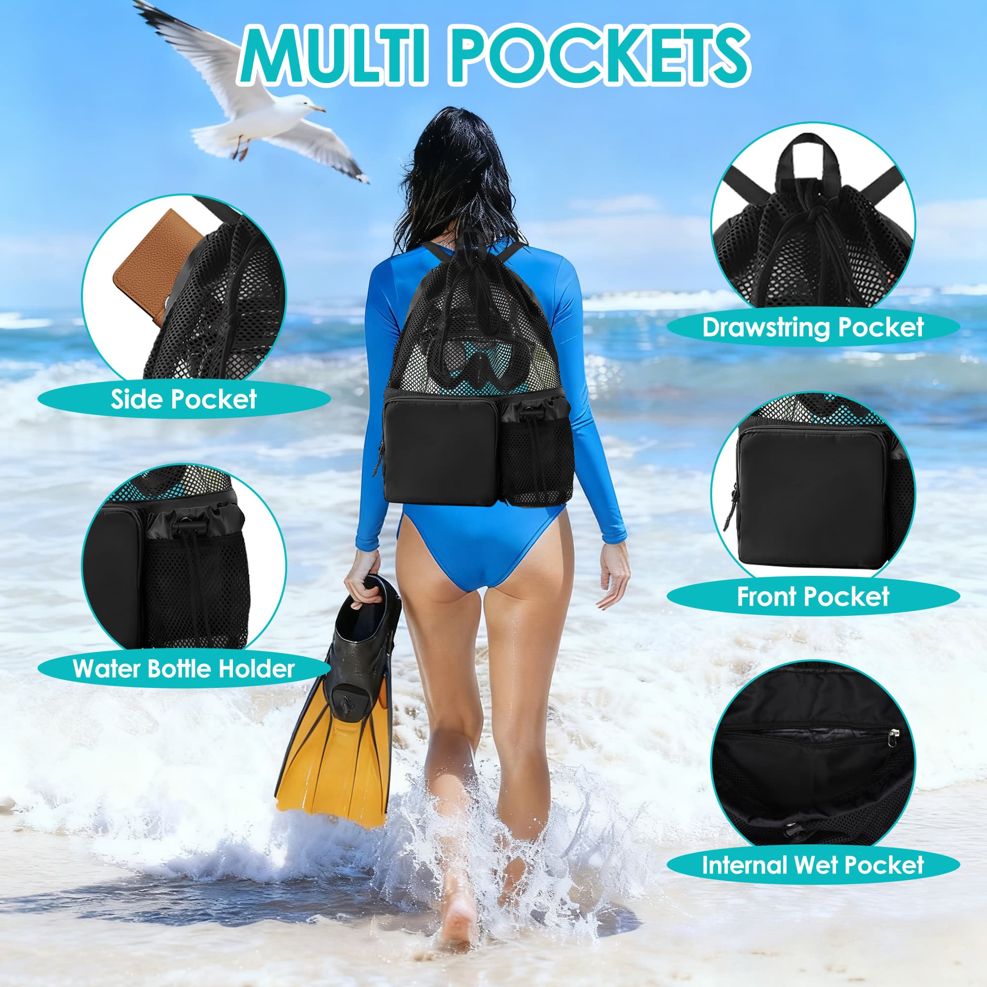 ReignSword Large Capacity Mesh Swim Backpack with Pocket Drawstring, Waterproof Beach Bag for Swimming, Gym, and Workout Gear (Black) - 5