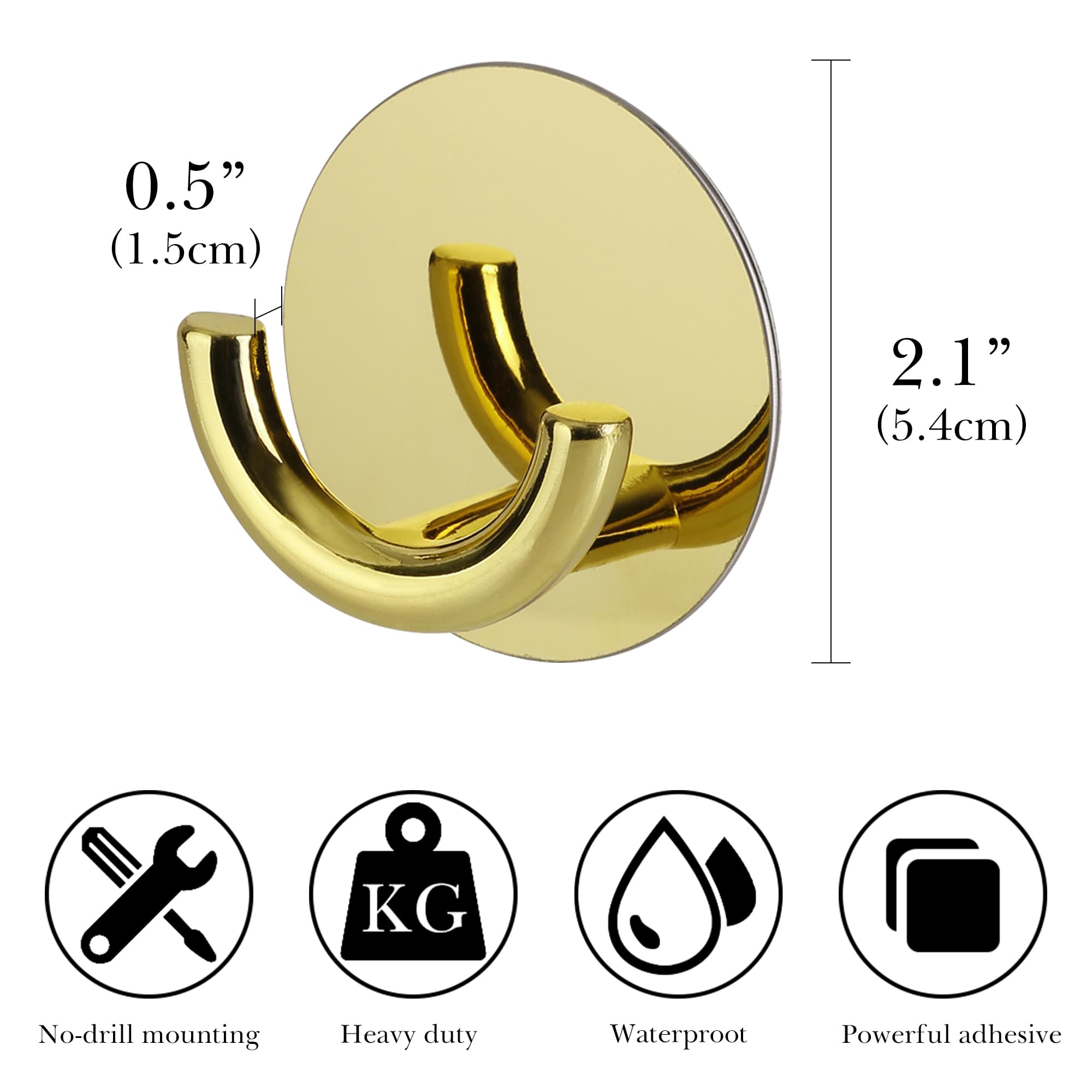 ReignSword 2 Pack Adhesive Double Coat Hooks Wall Mount, Heavy Duty Zinc Alloy Towel Hooks, Multi-Purpose Hangers for Bathroom Kitchen Closet (Gold) - 2
