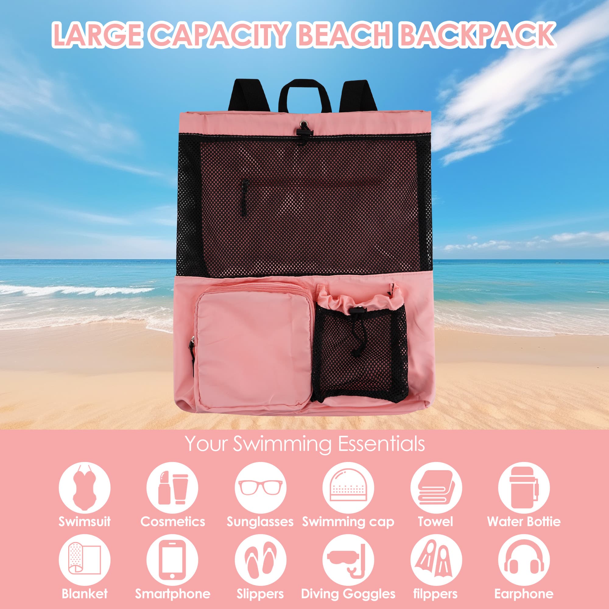 ReignSword Large Capacity Mesh Swim Backpack with Pocket Drawstring, Waterproof Beach Bag for Swimming, Gym, and Workout Gear (Pink) - 4