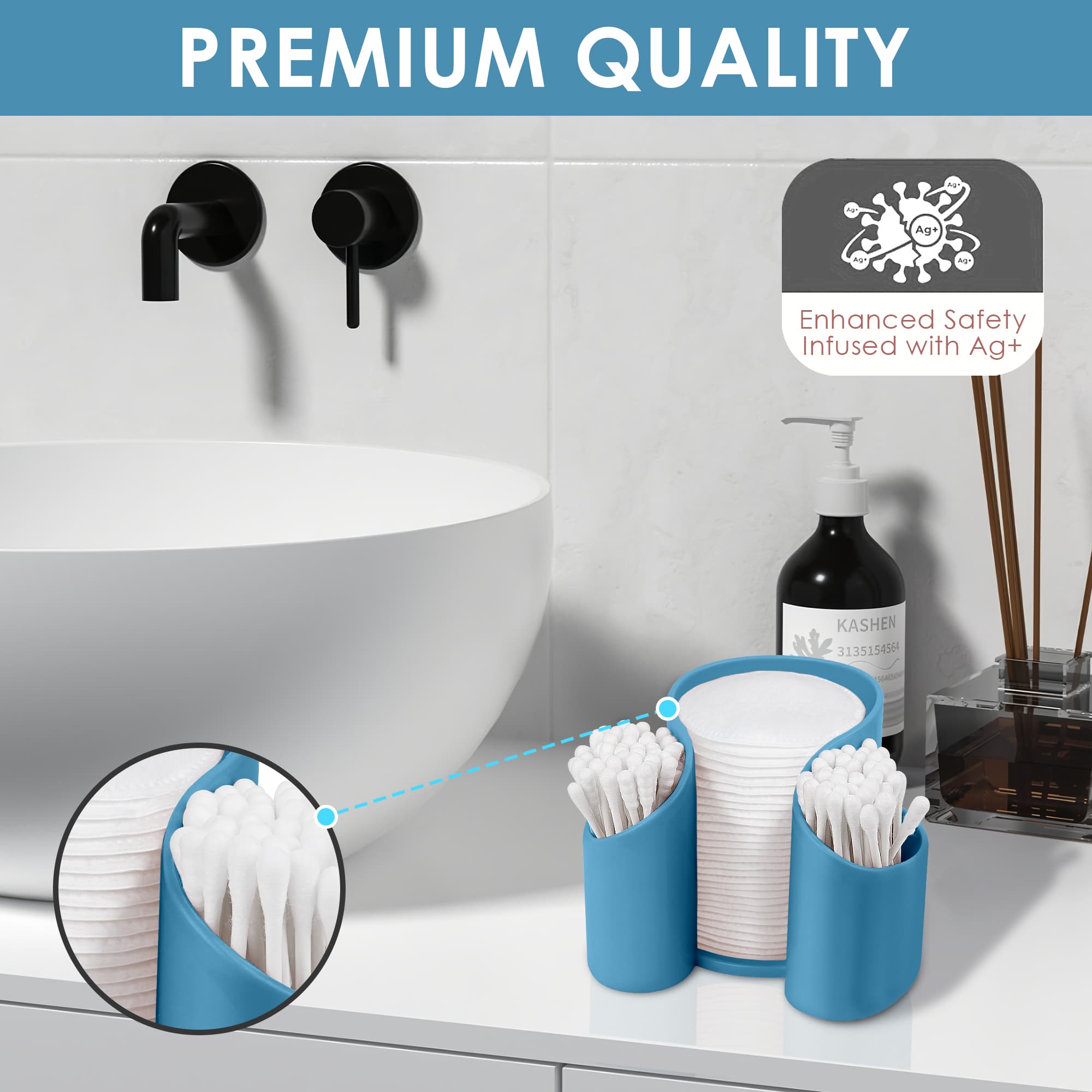 ReignSword Plastic Cotton Pad Dispenser, Cotton Swab Holder for Bathroom, Cotton Pad QTips Holder, Storage Organizer for Paper Cup and Floss Dispensers (Blue) - 3