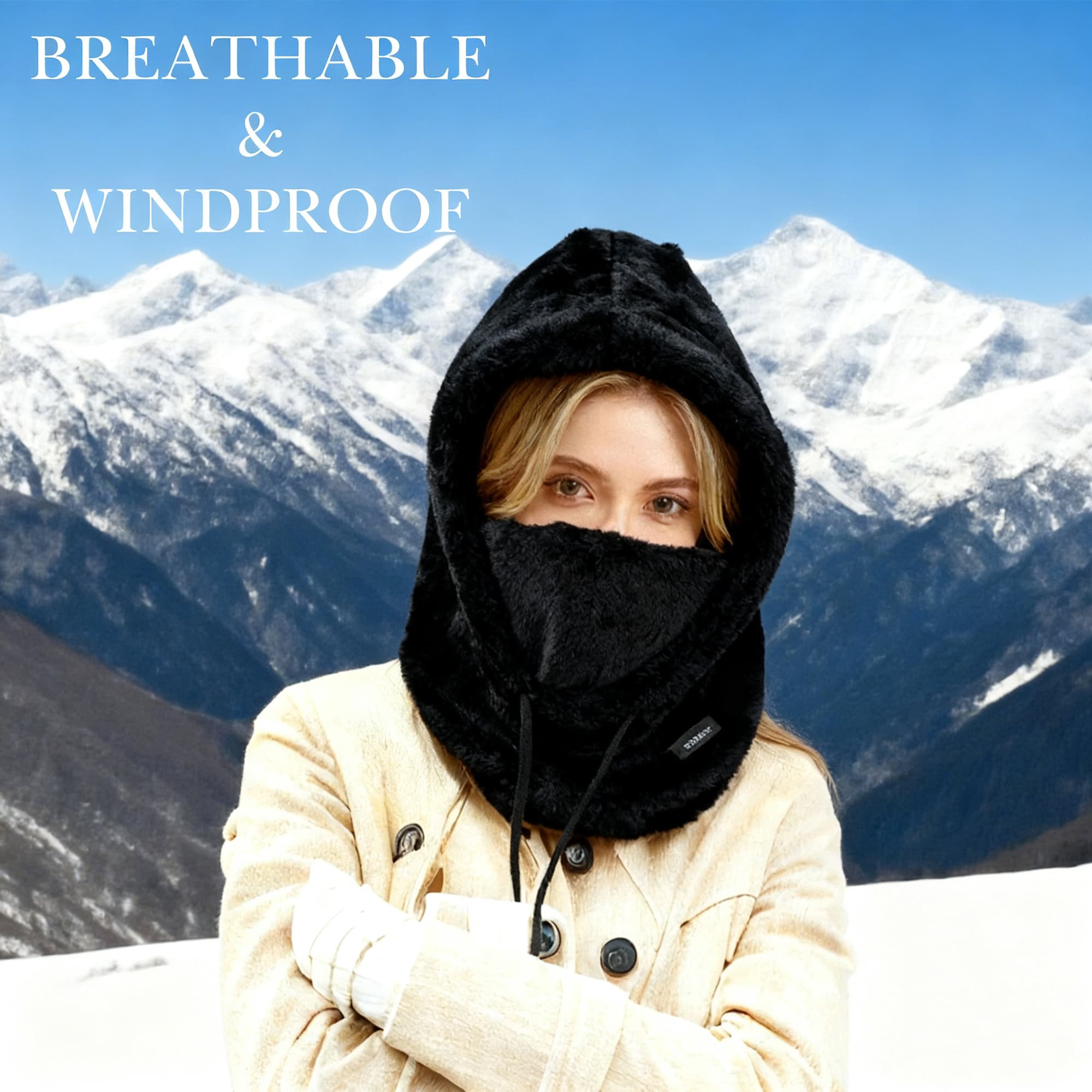 ReignSword Fleece Balaclava Face Mask, Winter Windproof Warm Ski Mask for Men Women, Adjustable Drawstring Cold Weather Face Cover for Skiing Snowboarding (Black) - 1