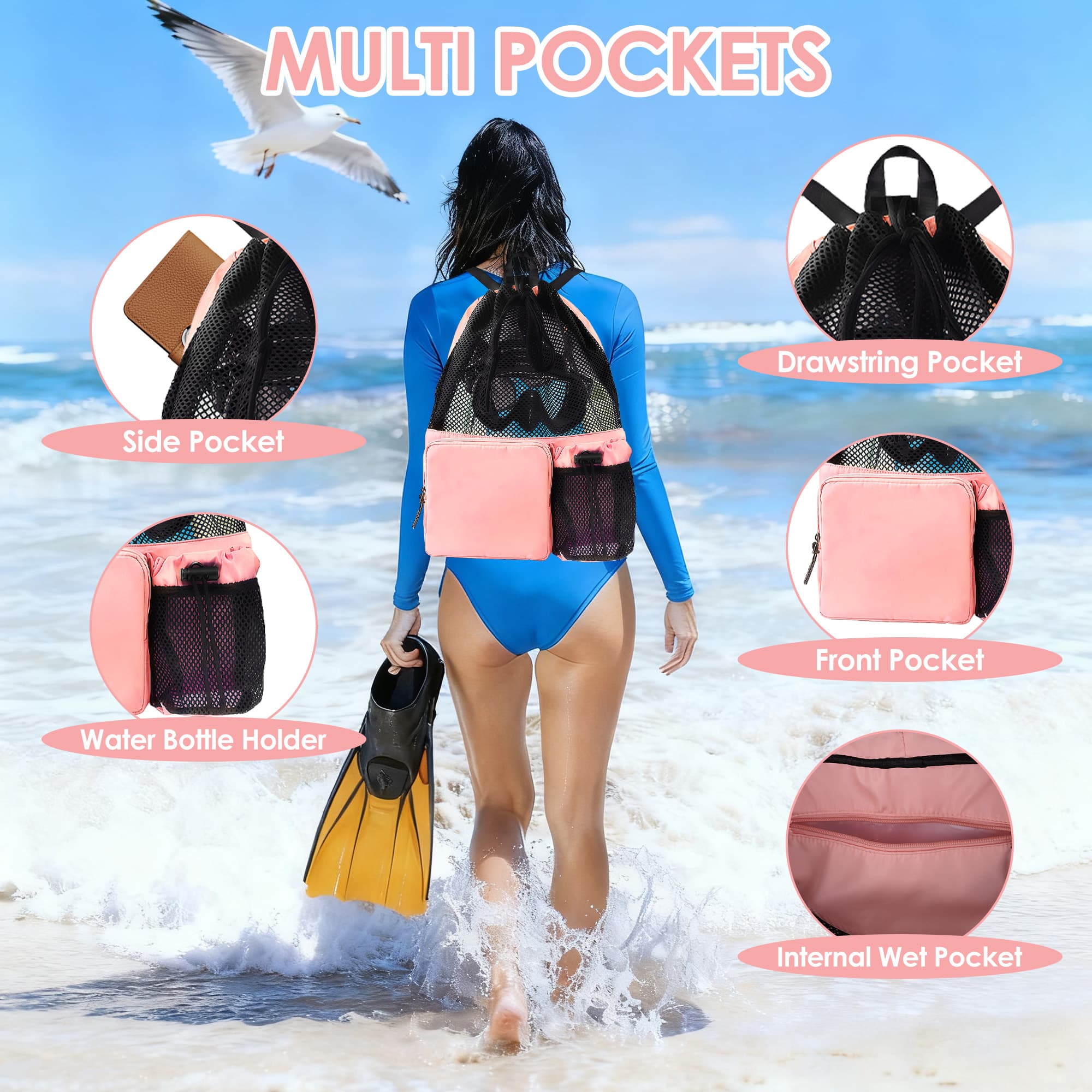 ReignSword Large Capacity Mesh Swim Backpack with Pocket Drawstring, Waterproof Beach Bag for Swimming, Gym, and Workout Gear (Pink) - 5