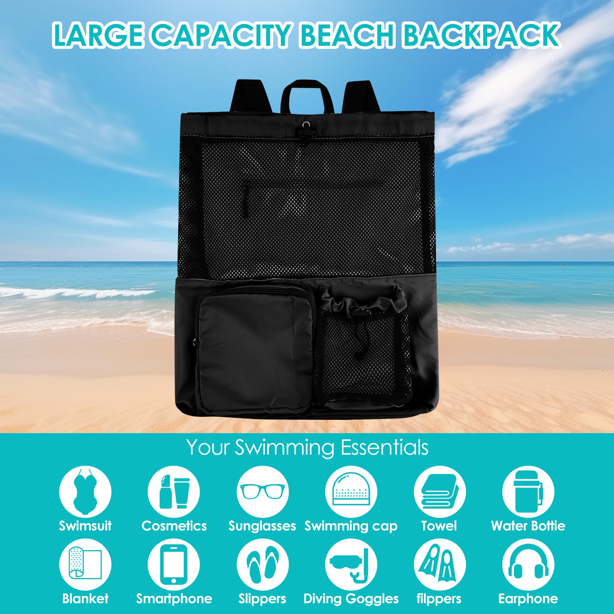 ReignSword Large Capacity Mesh Swim Backpack with Pocket Drawstring, Waterproof Beach Bag for Swimming, Gym, and Workout Gear (Black) - 4