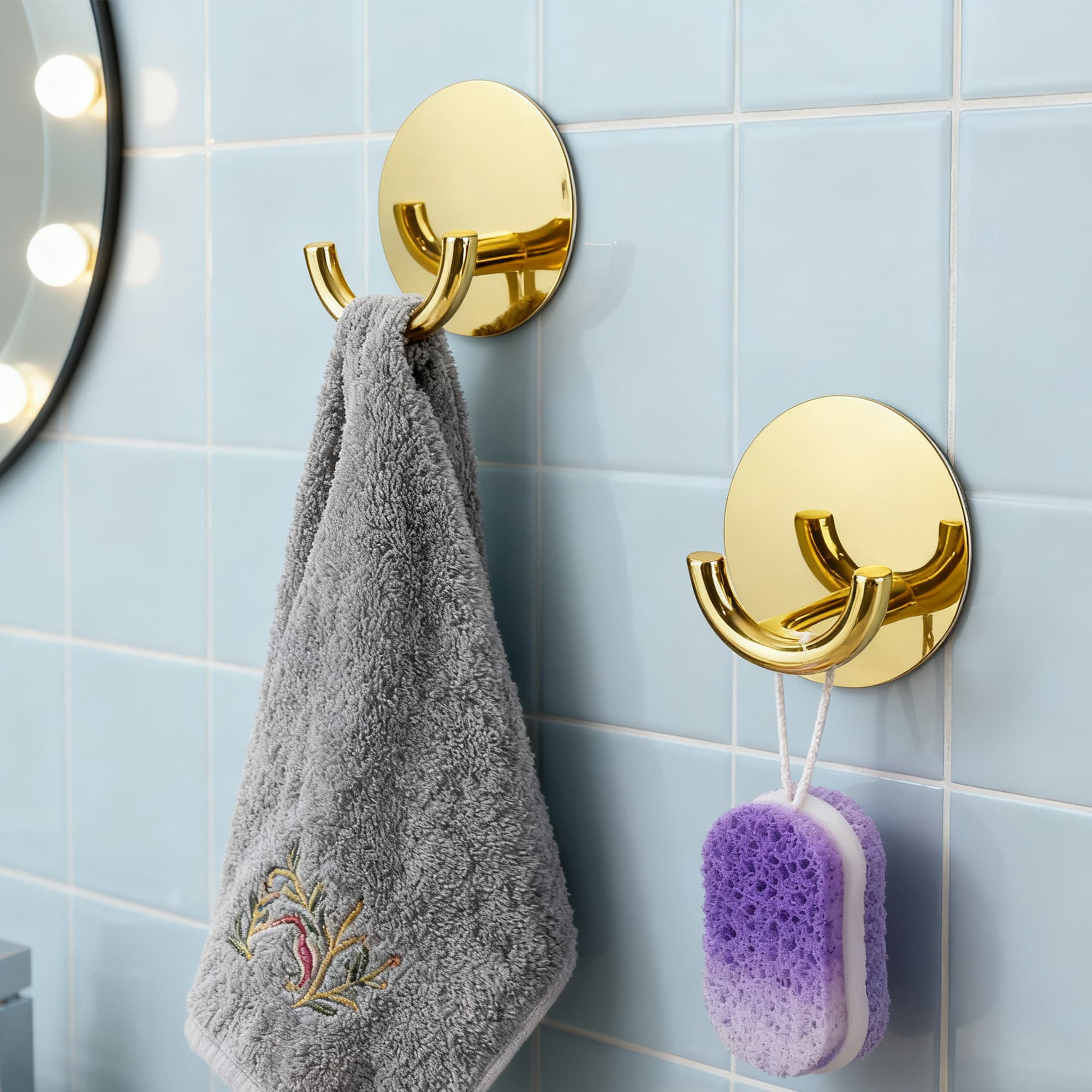 ReignSword 2 Pack Adhesive Double Coat Hooks Wall Mount, Heavy Duty Zinc Alloy Towel Hooks, Multi-Purpose Hangers for Bathroom Kitchen Closet (Gold) - 5