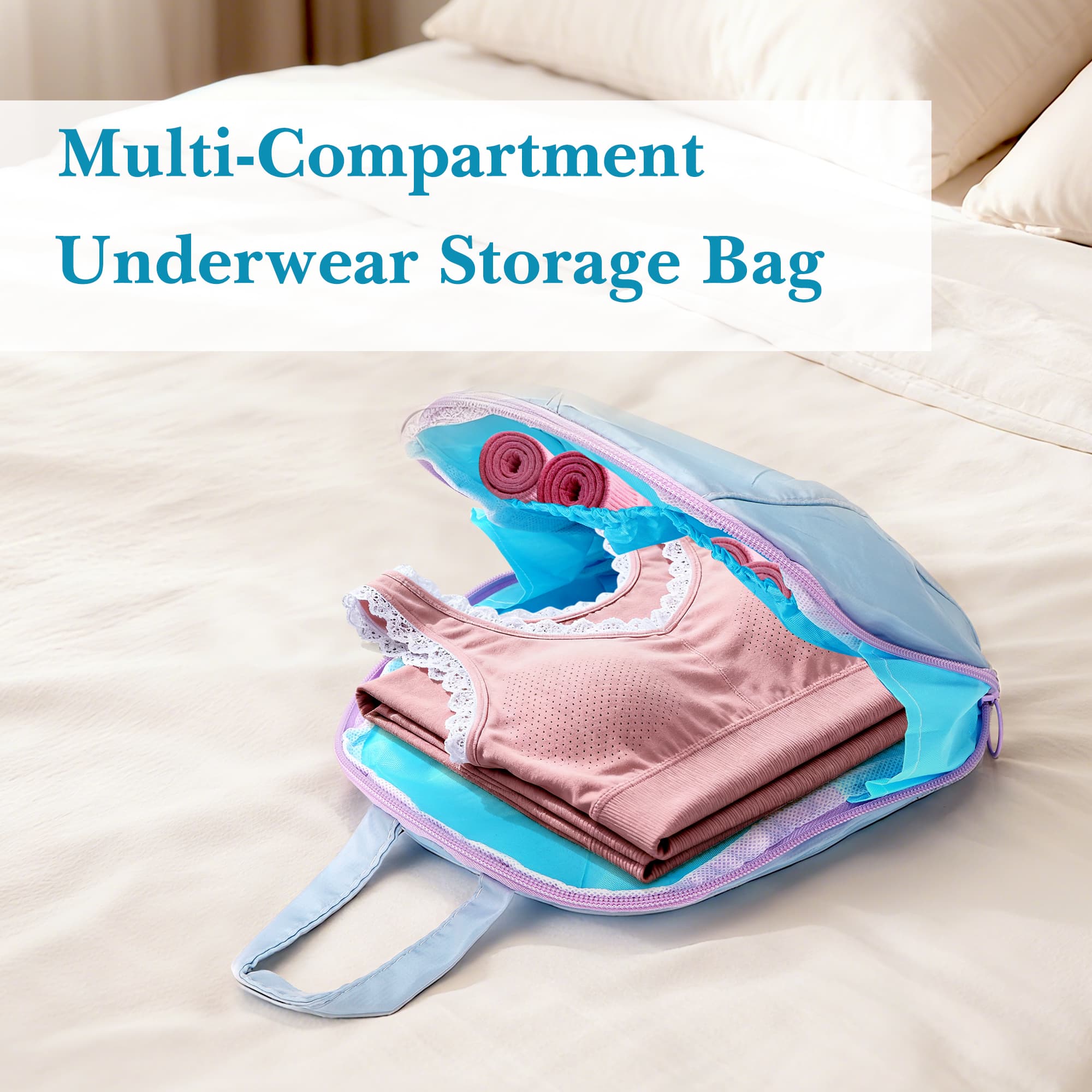 ReignSword Travel Underwear Organizer Bag, Portable Multi-Compartment Travel Bag for Clothes, Bras, and Accessories, Underwear Packing Cube for Women (Blue) - 4