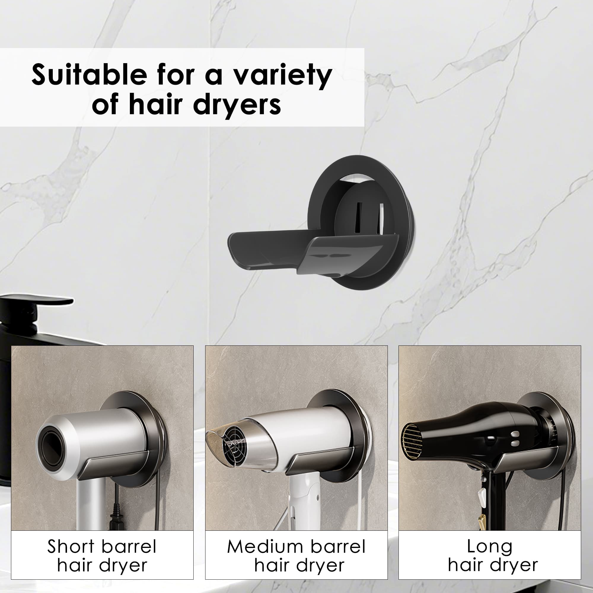ReignSword Hair Dryer Holder Wall Mounted Compatible with Dyson Hair Dryer, Self Adhesive Blow Dryer Holder Organizer with Cord Storage for Bathroom (2 Pack / Gray & Cream White) - 2