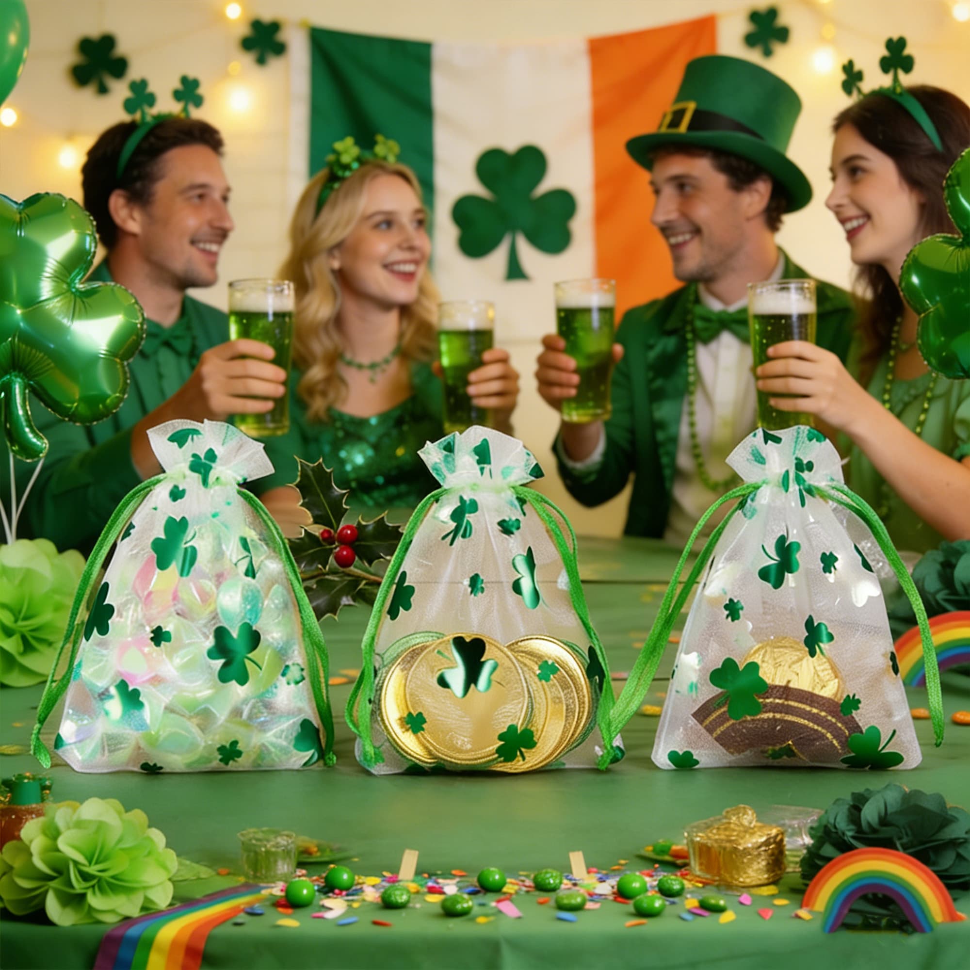 ReignSword 50 Pcs St. Patrick's Day Organza Gift Bags, Shamrock Clover Green Drawstring Mesh Treat Pouches, Goodie Bag for Party Favors, Candy, Jewelry (3 x 4 Inch) - 5