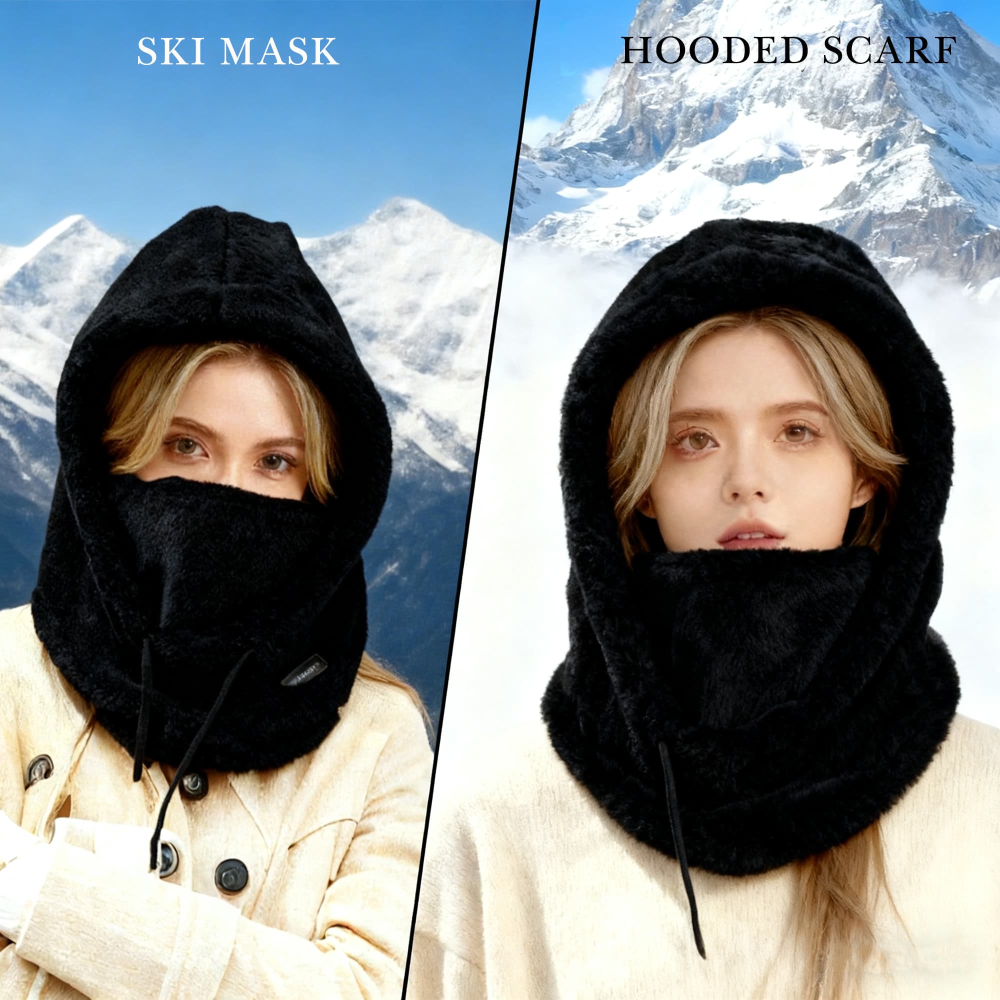 ReignSword Fleece Balaclava Face Mask, Winter Windproof Warm Ski Mask for Men Women, Adjustable Drawstring Cold Weather Face Cover for Skiing Snowboarding (Black) - 5