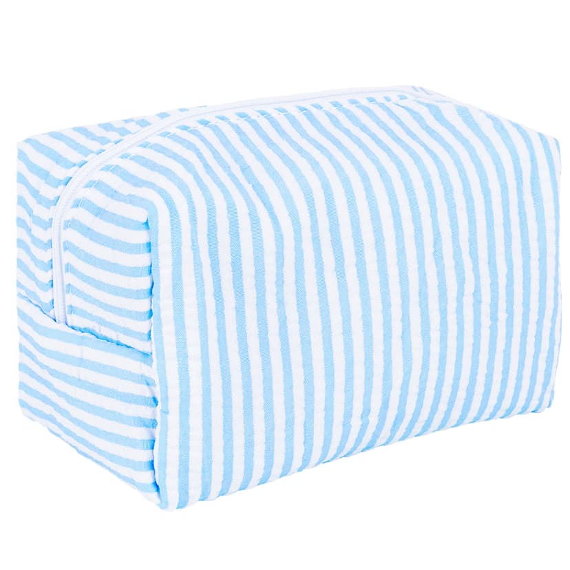 ReignSword Small Makeup Bag for Travel, Soft Cute Cotton Make Up Bag, Toiletry Zipper Pouch Cosmetic Storage Organizer for Women (Blue Stripes)