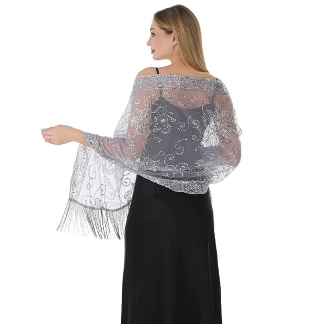 ReignSword Women Sheer Shawls with Floral Sequin Design for Evening Dresses, Elegant Wedding Bridal Lace Scarf, Formal Party Dress Cover with Tassels (Silver)