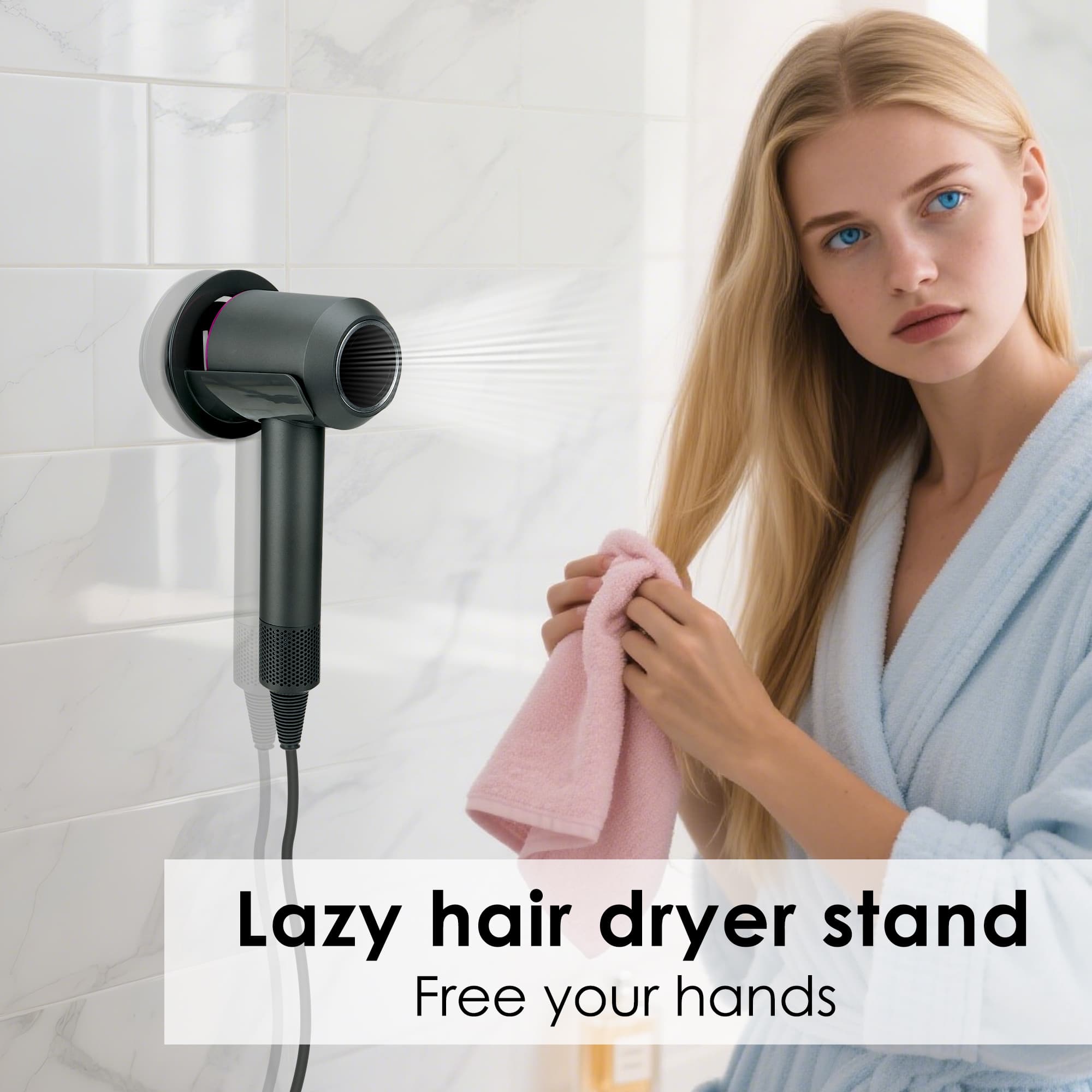 ReignSword Hair Dryer Holder Wall Mounted Compatible with Dyson Hair Dryer, Self Adhesive Blow Dryer Holder Organizer with Cord Storage for Bathroom (2 Pack / Gray & Cream White) - 4