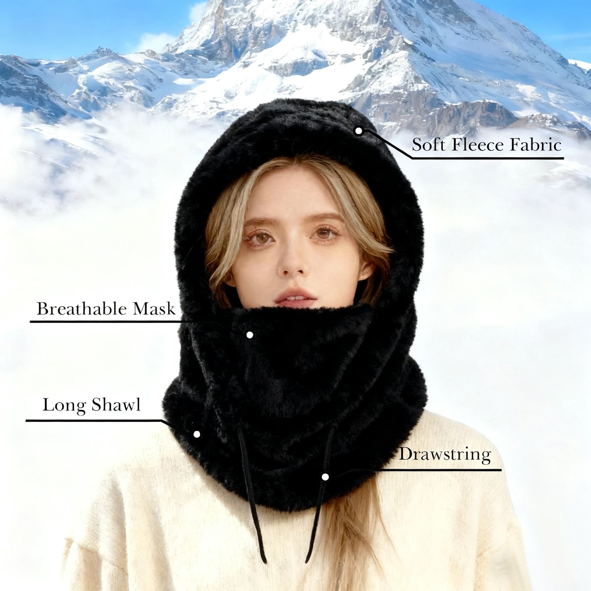 ReignSword Fleece Balaclava Face Mask, Winter Windproof Warm Ski Mask for Men Women, Adjustable Drawstring Cold Weather Face Cover for Skiing Snowboarding (Black) - 3
