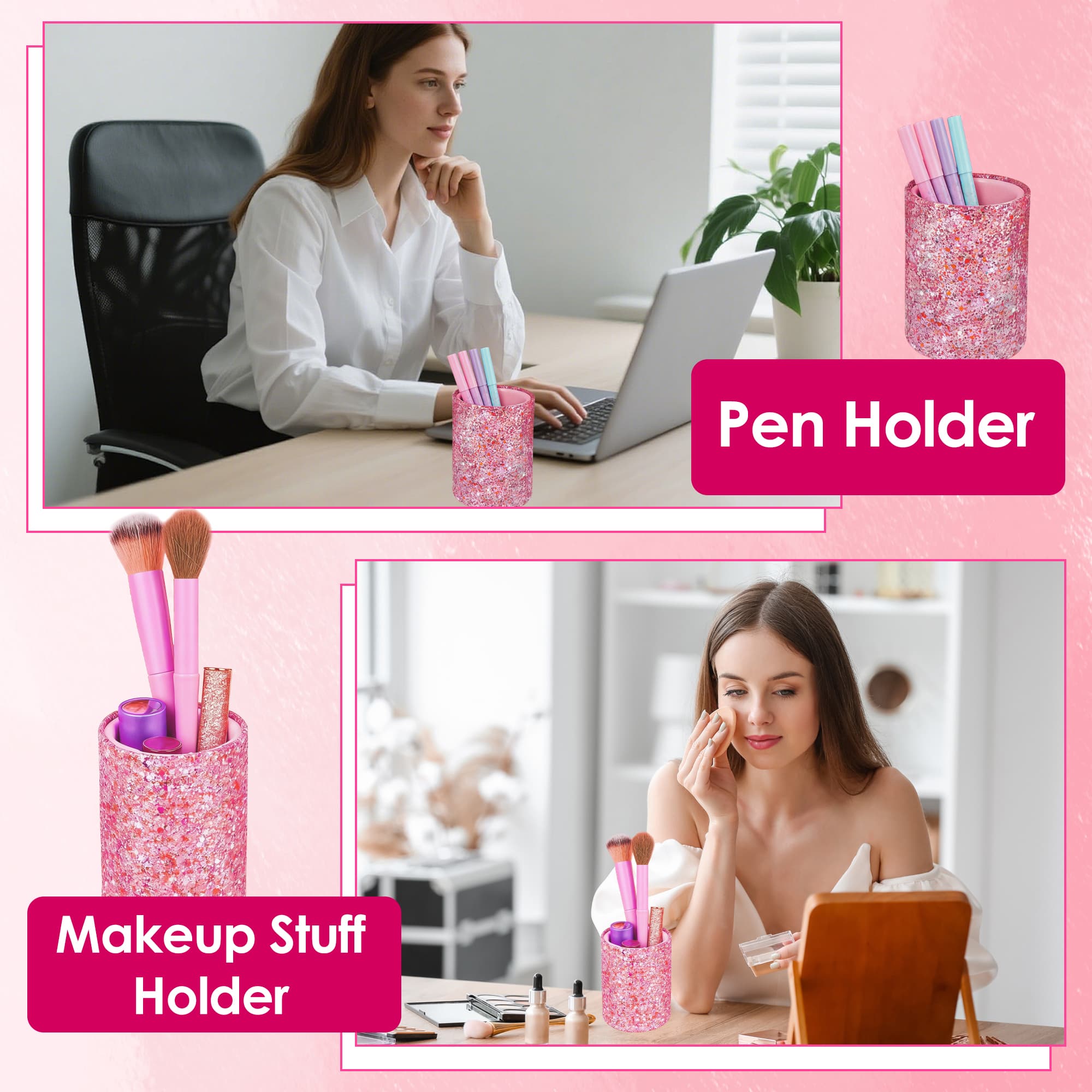 ReignSword Pen Holder for Desk, Cute Pink Glitter Pencil Cup with Vegan Leather Material for Women & Girls, Aesthetic Desk Organizer for Home Office - 5